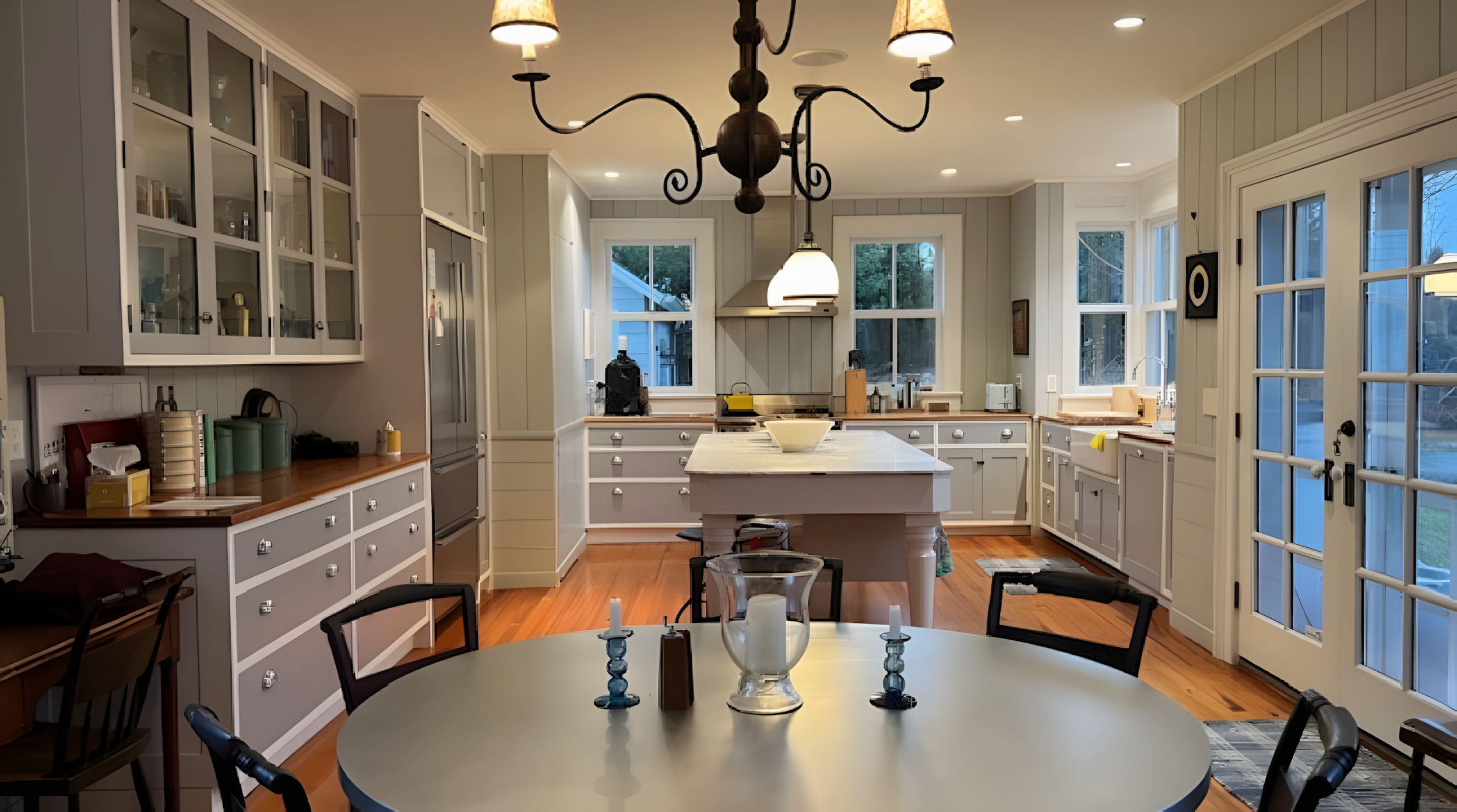 The kitchen features white cabinets with glass doors, a central island with a white top, and large windows allowing natural light. There's a dining table in the foreground with a candle holder and candles, and a chandelier hanging from the ceiling.