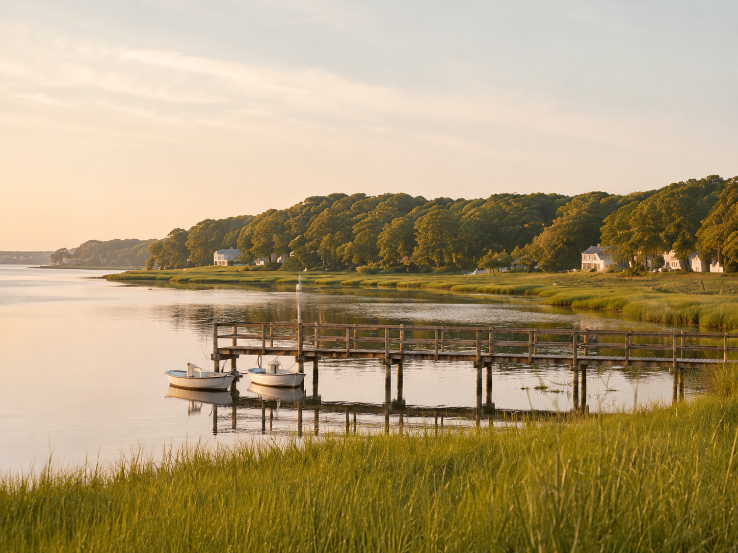 A serene lakeside scene during sunset with a wooden dock and two small boats tied to it, surrounded by green grass and trees, and houses in the background.