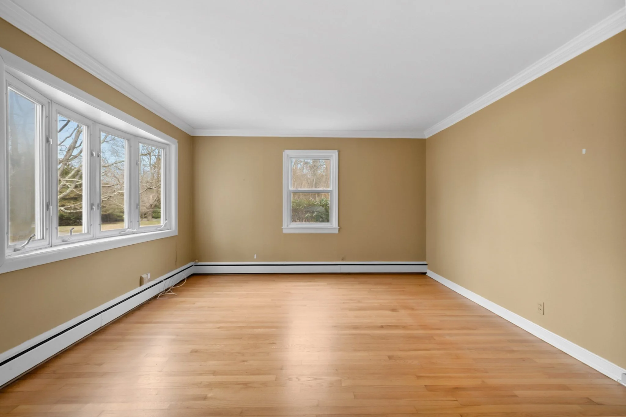 Empty room with hardwood floors, beige walls, white crown molding and baseboard, multiple large windows with outside view of trees, and an electric baseboard heater along the wall.