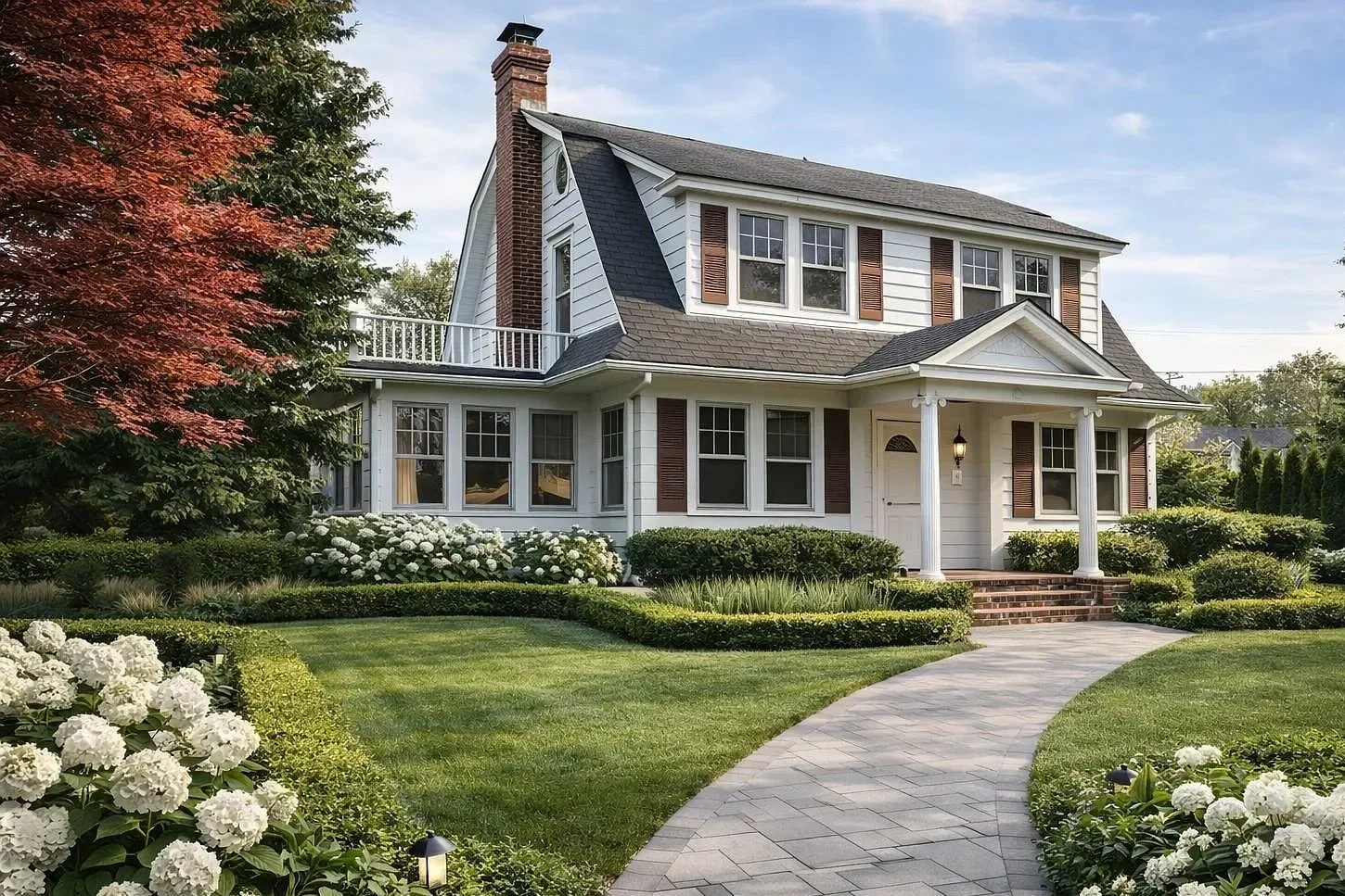 A white two-story house with a black roof and red brick chimney, surrounded by a well-maintained green lawn and bushes, on a clear day with blue sky.