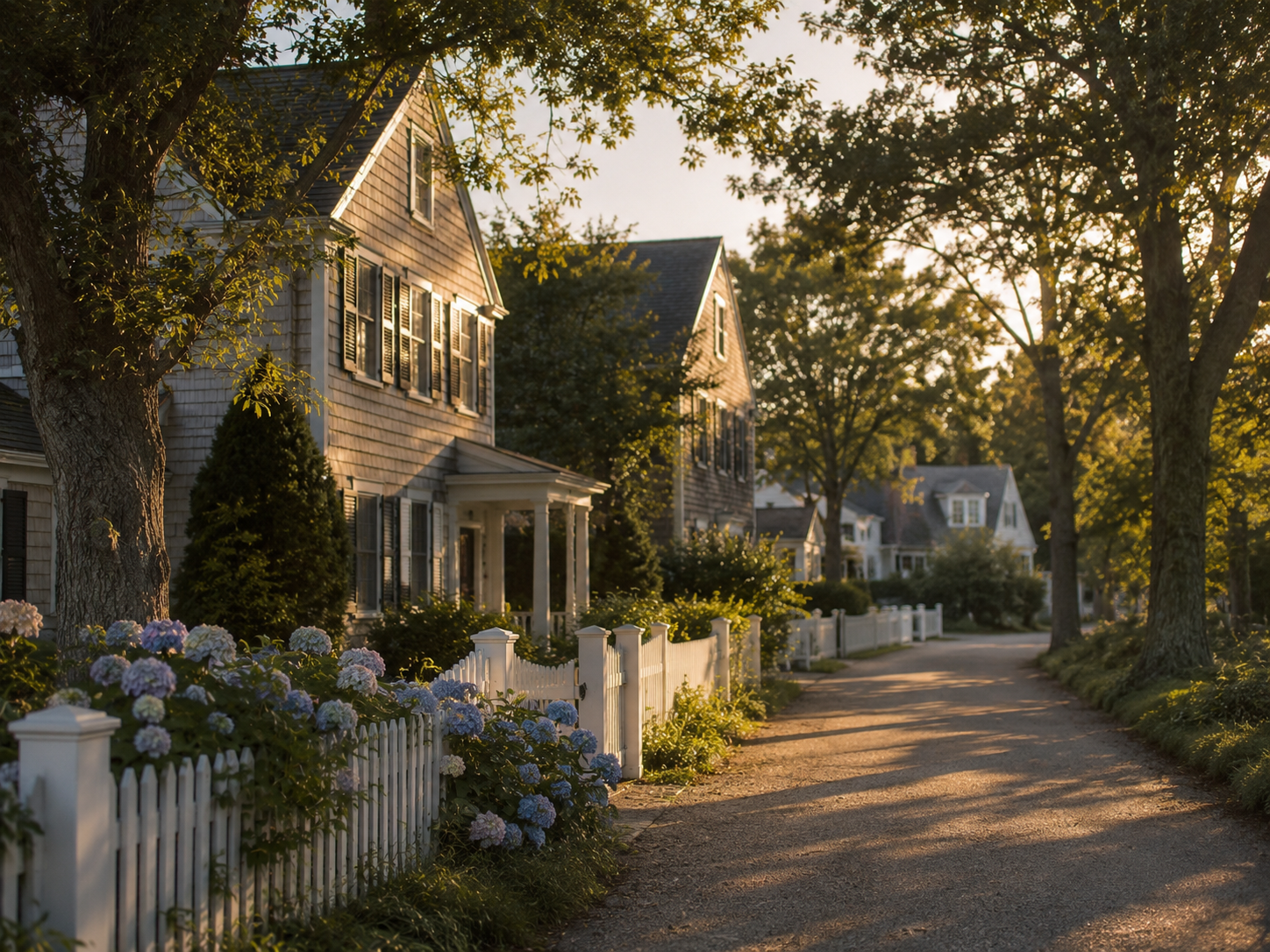 A quiet neighborhood street during golden hour with houses, trees, and a white picket fence with flowering bushes.
