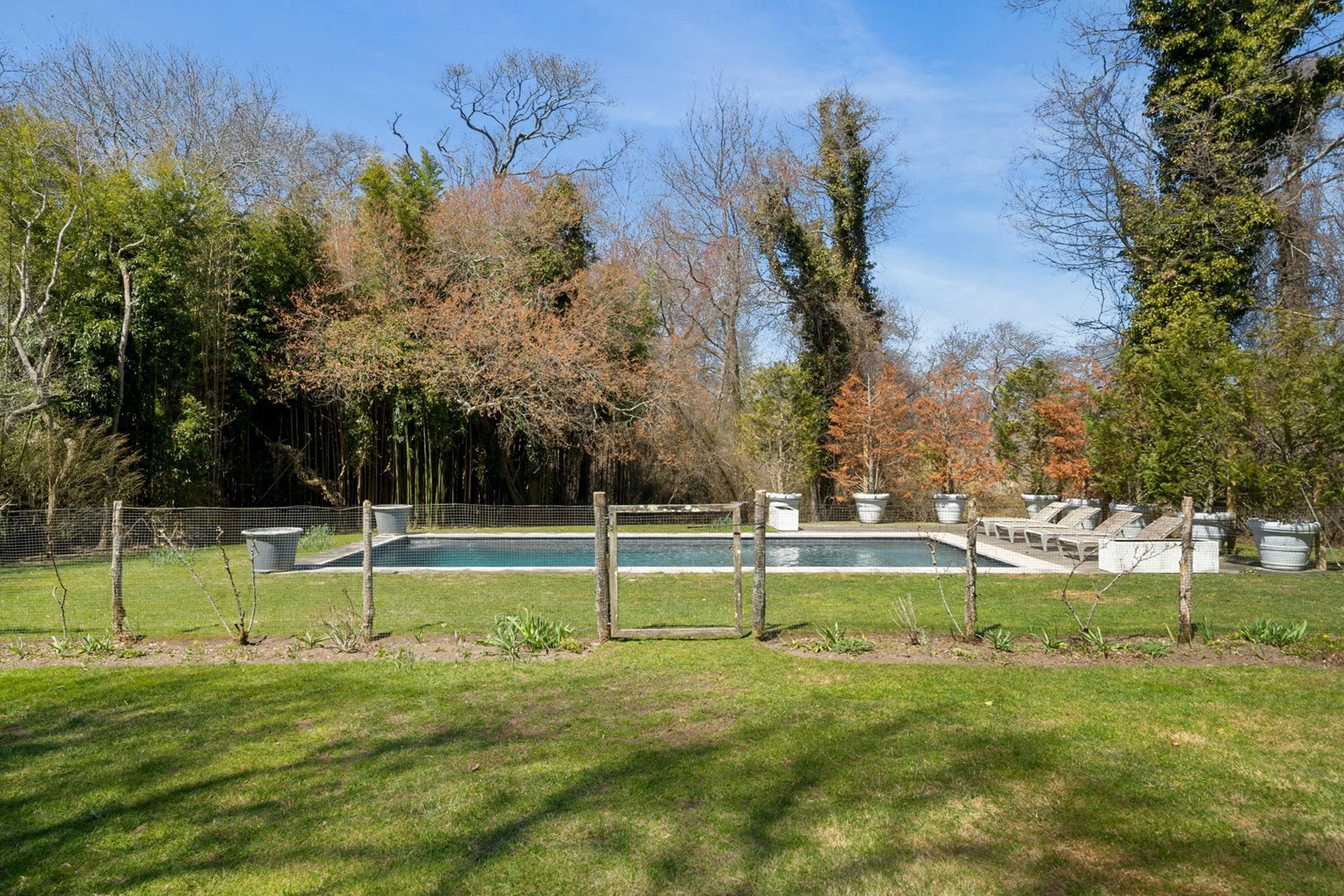 A backyard scene with a swimming pool, green grass, empty lounge chairs, potted plants, a fence, and trees with some leaves changing color and some bare, under a partly cloudy blue sky.