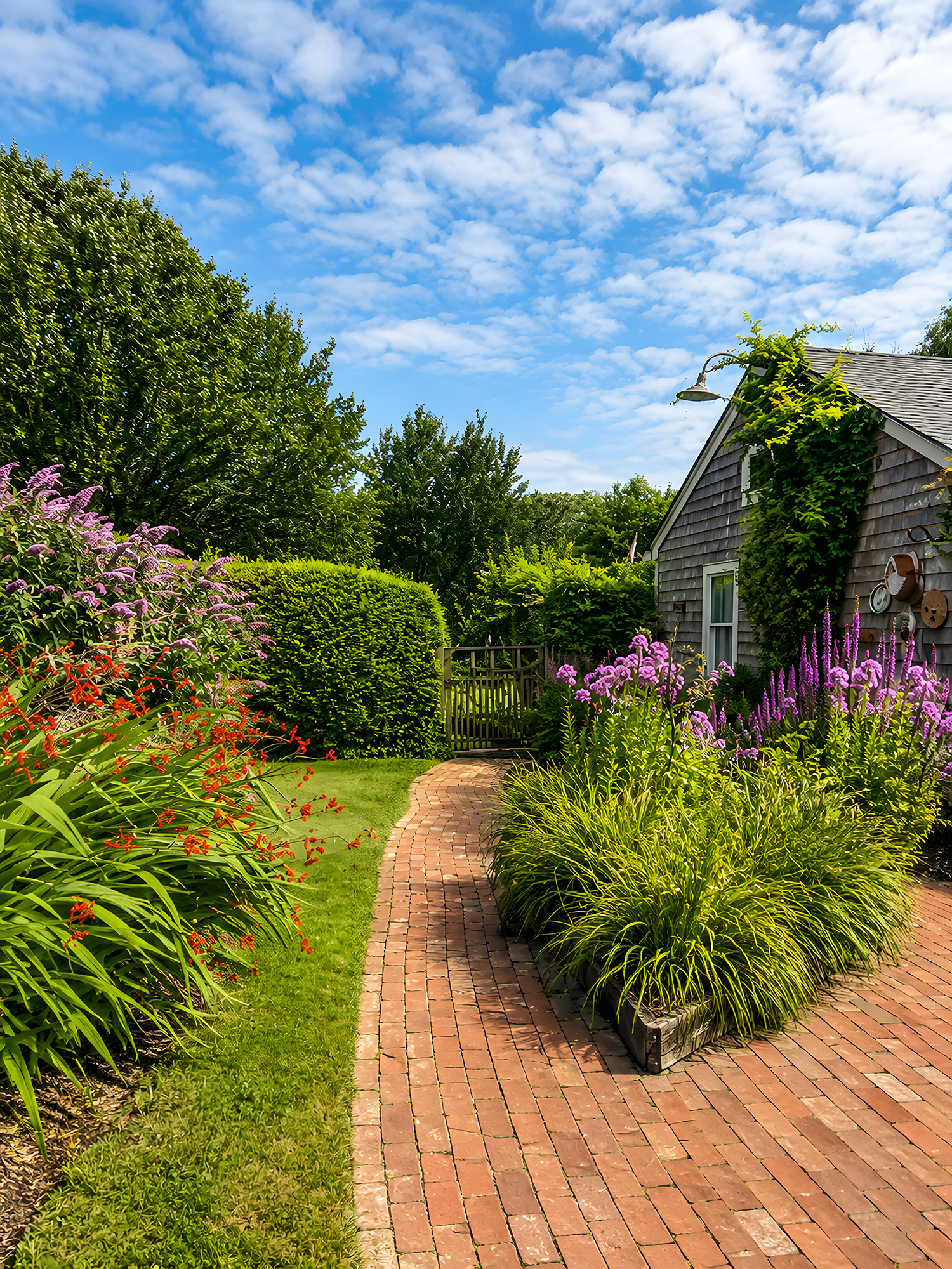 A brick pathway winding through a lush garden with colorful flowers, trees, and a house with climbing vines and outdoor decorations under a bright blue sky with scattered clouds.