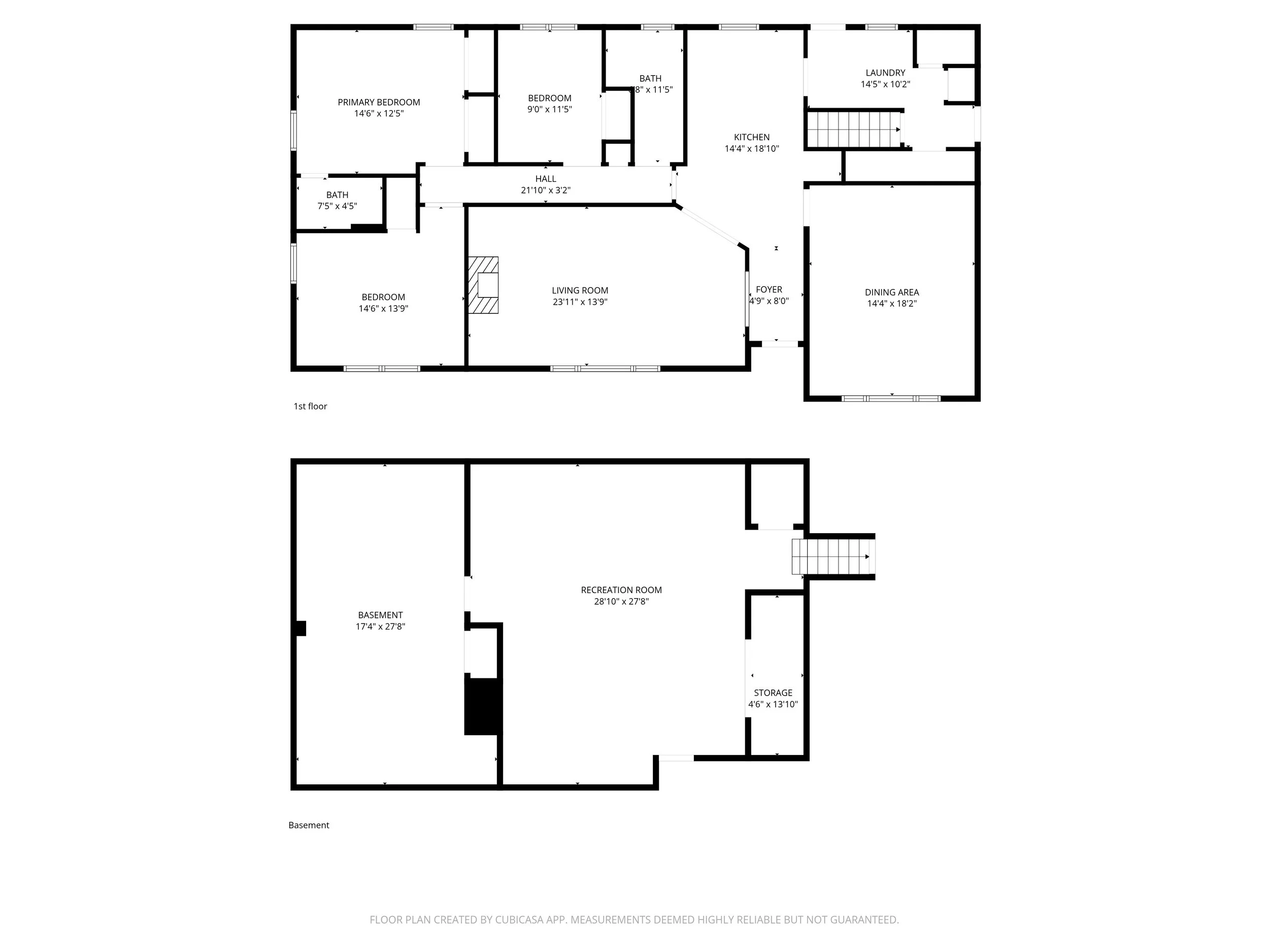 Floor plan for a house, showing rooms such as primary bedroom, bedrooms, bathrooms, kitchen, laundry, living room, foyer, basement, recreation room, and storage.