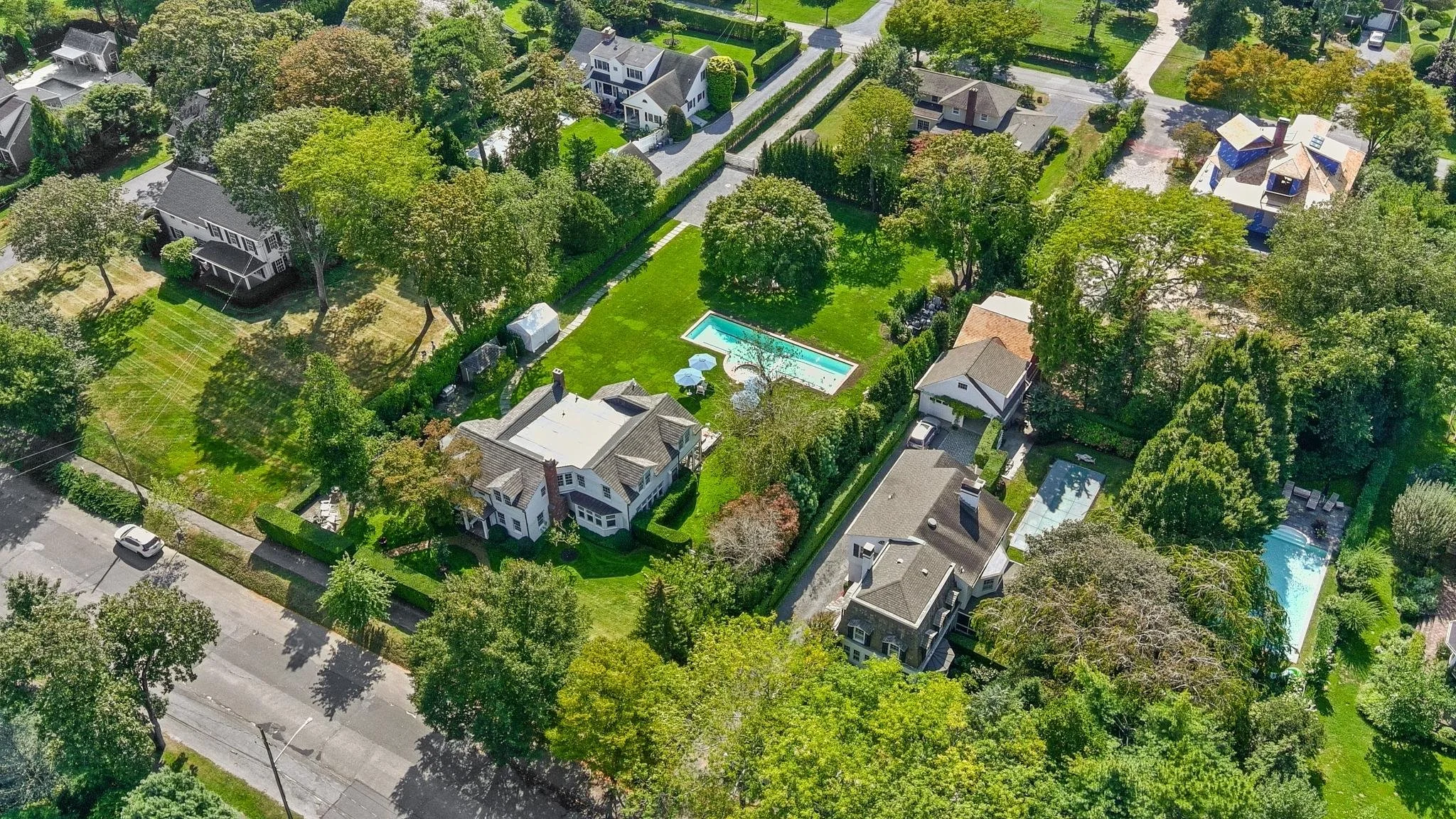 Aerial view of a suburban neighborhood with several houses, green lawns, and trees. One yard features a swimming pool with lounge chairs and an umbrella.