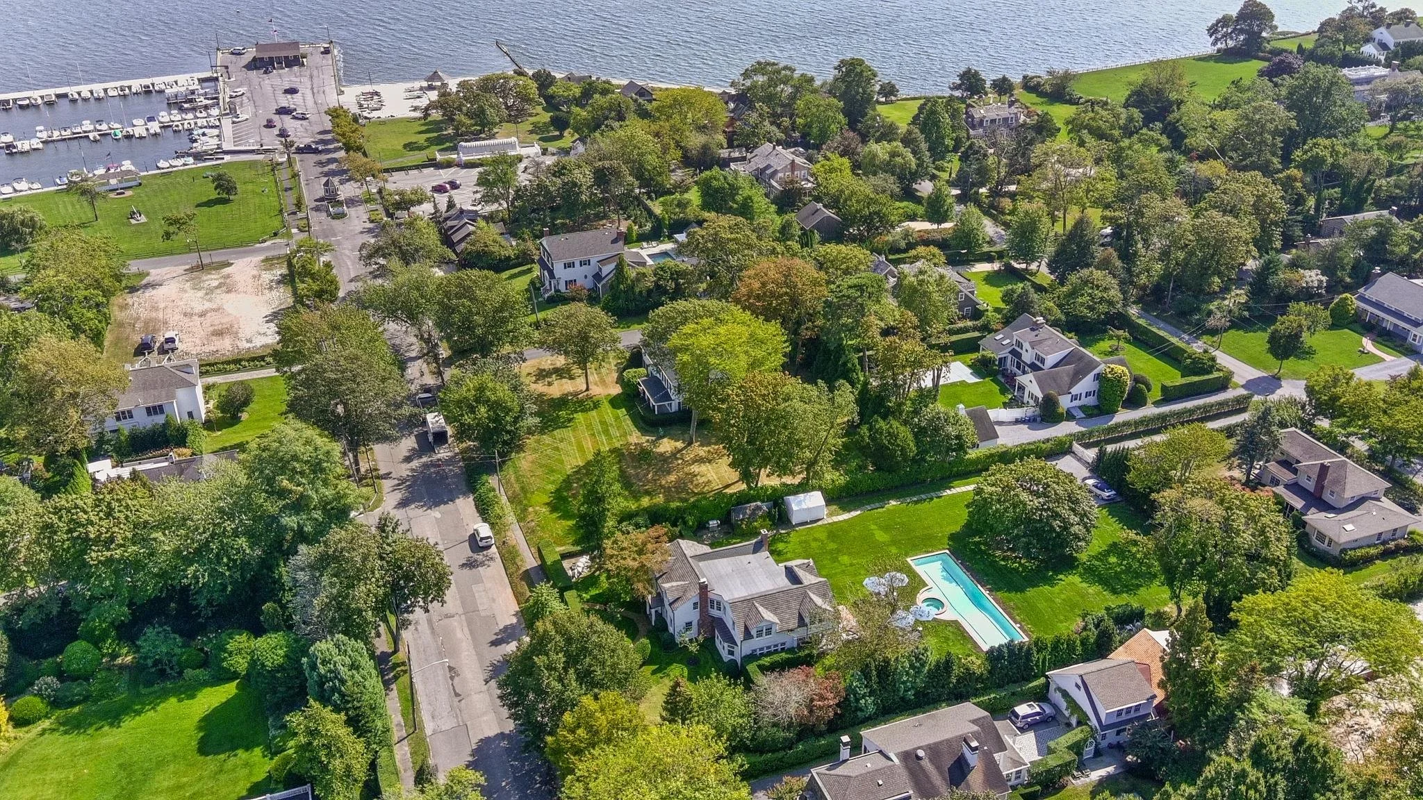 Aerial view of a neighborhood with houses, trees, green yards, a pool, and a body of water in the background.