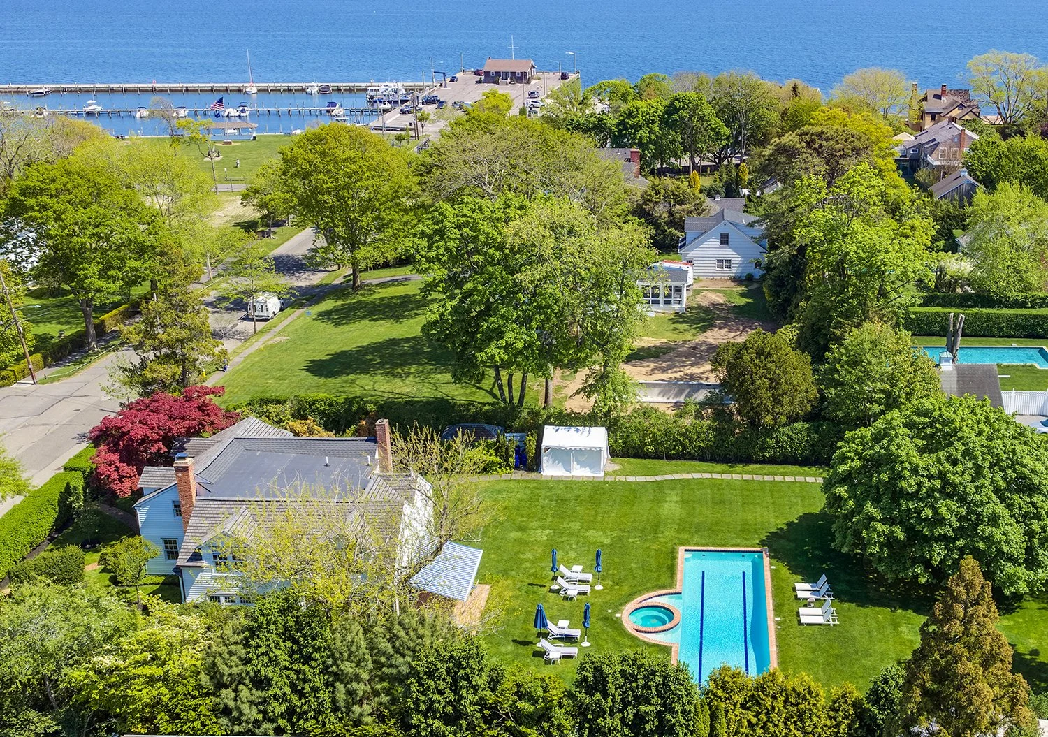Aerial view of a lakeside residential area with houses, a swimming pool, and lush greenery.
