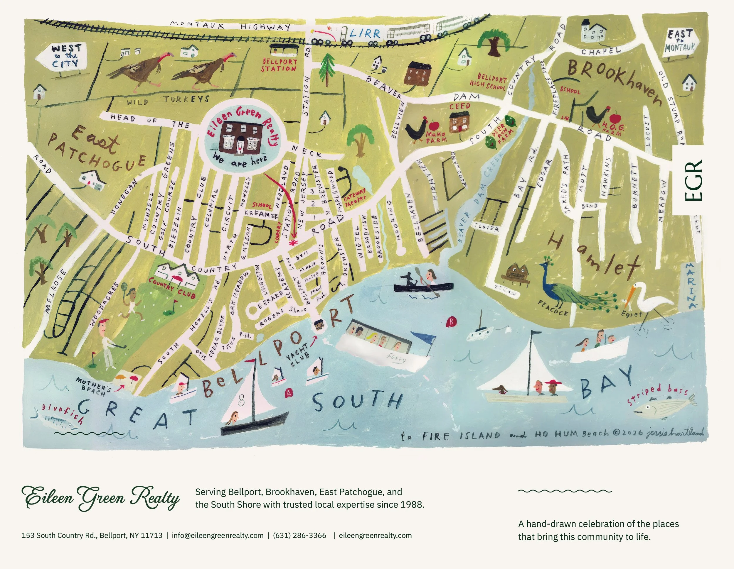 A hand-drawn map of the Bellport area showing streets, landmarks, and natural features. It includes illustrations of turkeys, ducks, swans, and people enjoying the outdoors, with labels for various neighborhoods, parks, and points of interest.