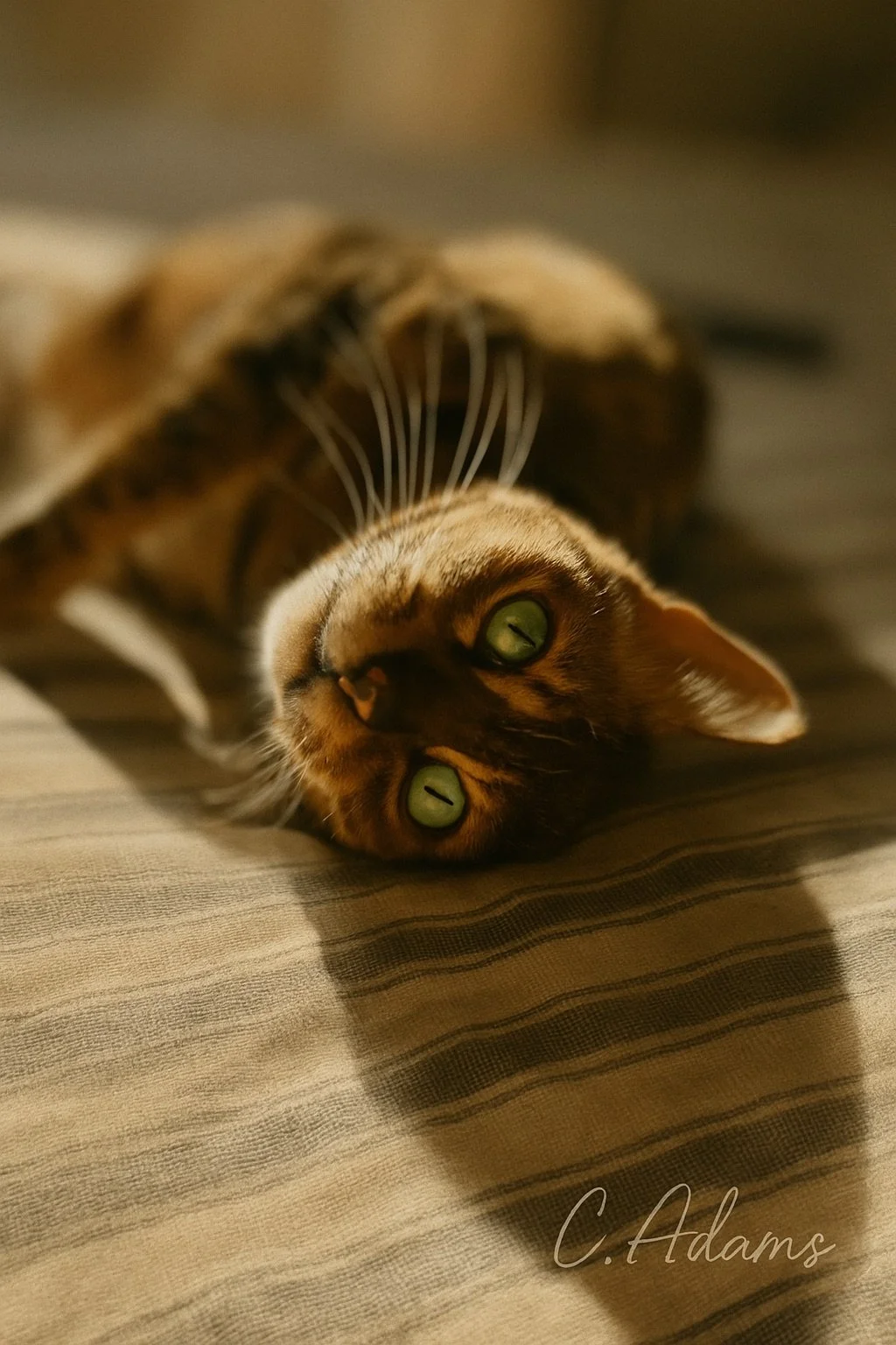 Bengal cat posing on the bed in home based cattery