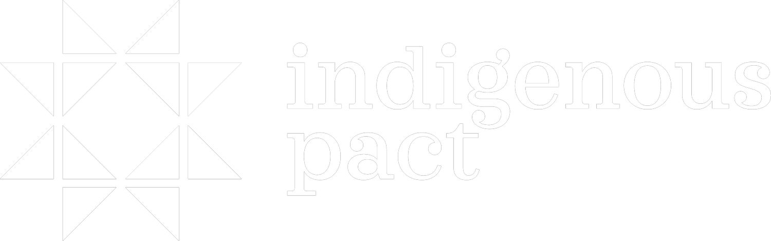 Black background with white geometric pattern of triangles and squares on the left and the words 'indigenous pact' in large white text on the right.