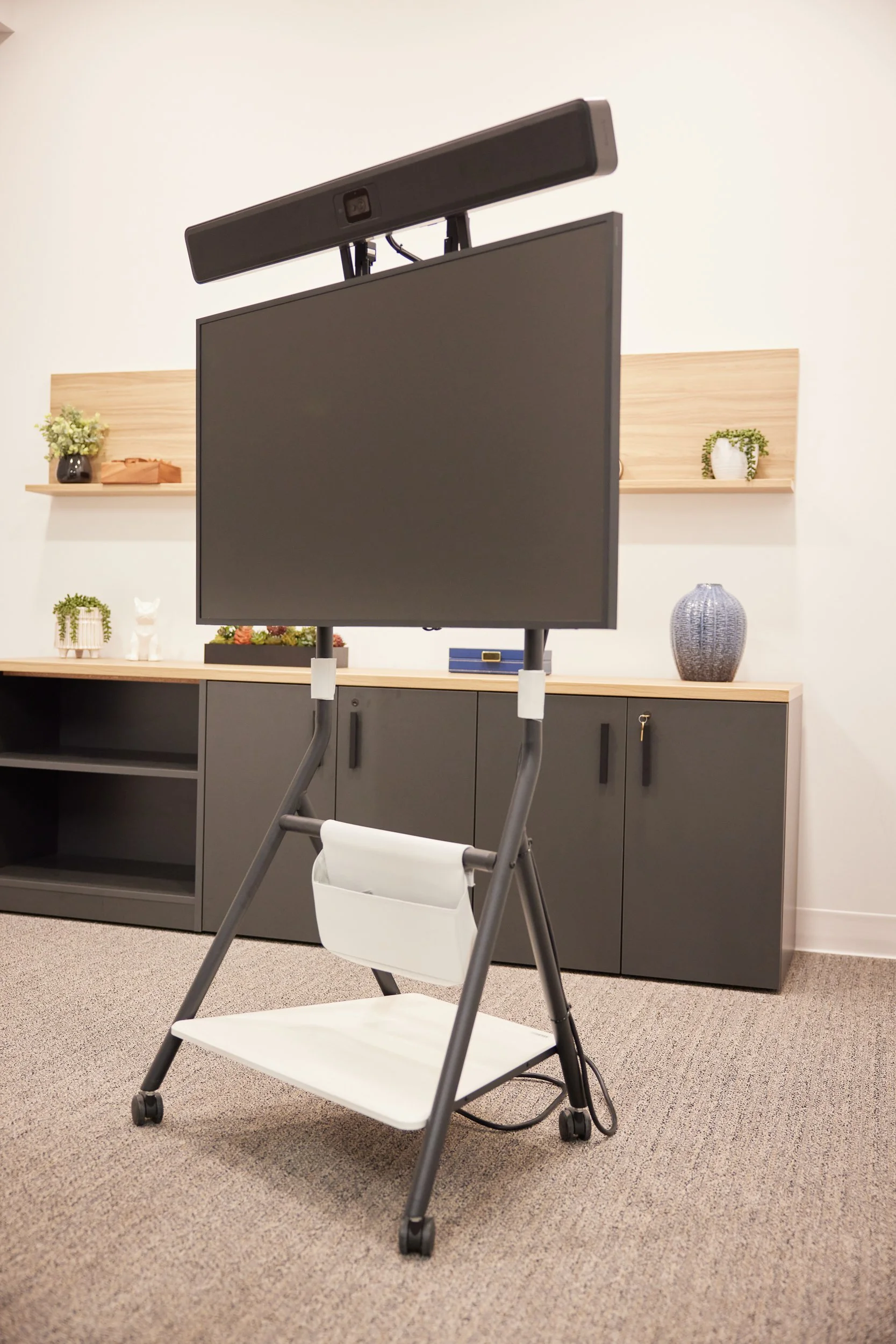 a mobile TV cart with a large flat-screen monitor and soundbar in a room with a gray cabinet, decorative shelves with plants and vases, and beige carpet