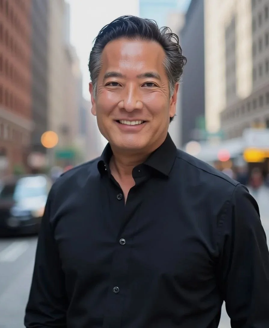 A smiling man with graying hair, wearing a black button-up shirt, standing outdoors in an urban city street with blurred buildings and cars in the background.