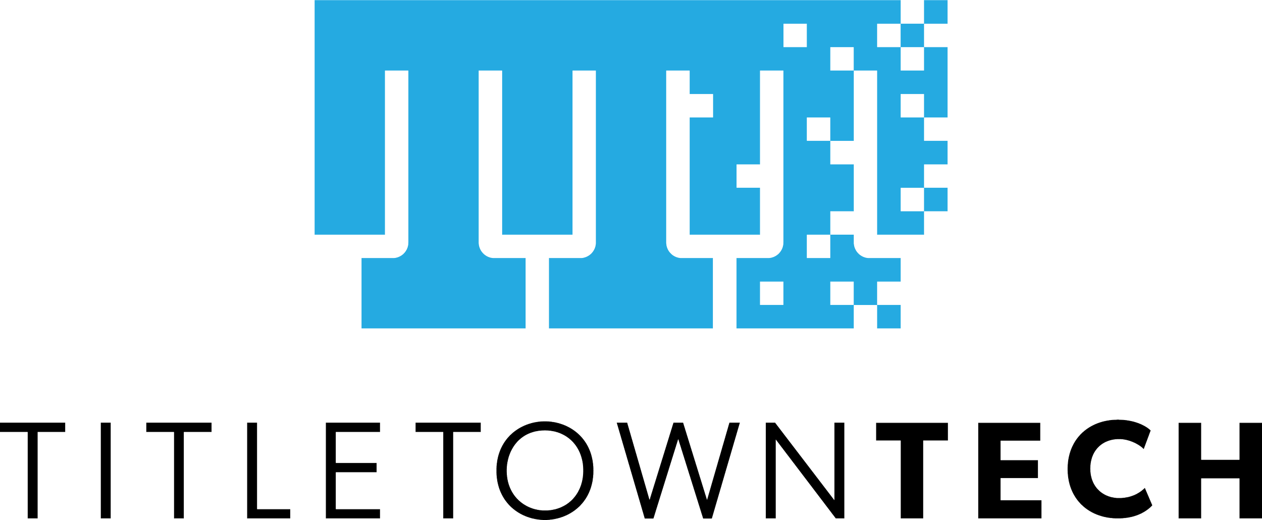 Logo for TittleTownTech featuring a pixelated building graphic in blue and black with the company name written below.