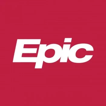 Epic logo with white text on a red background