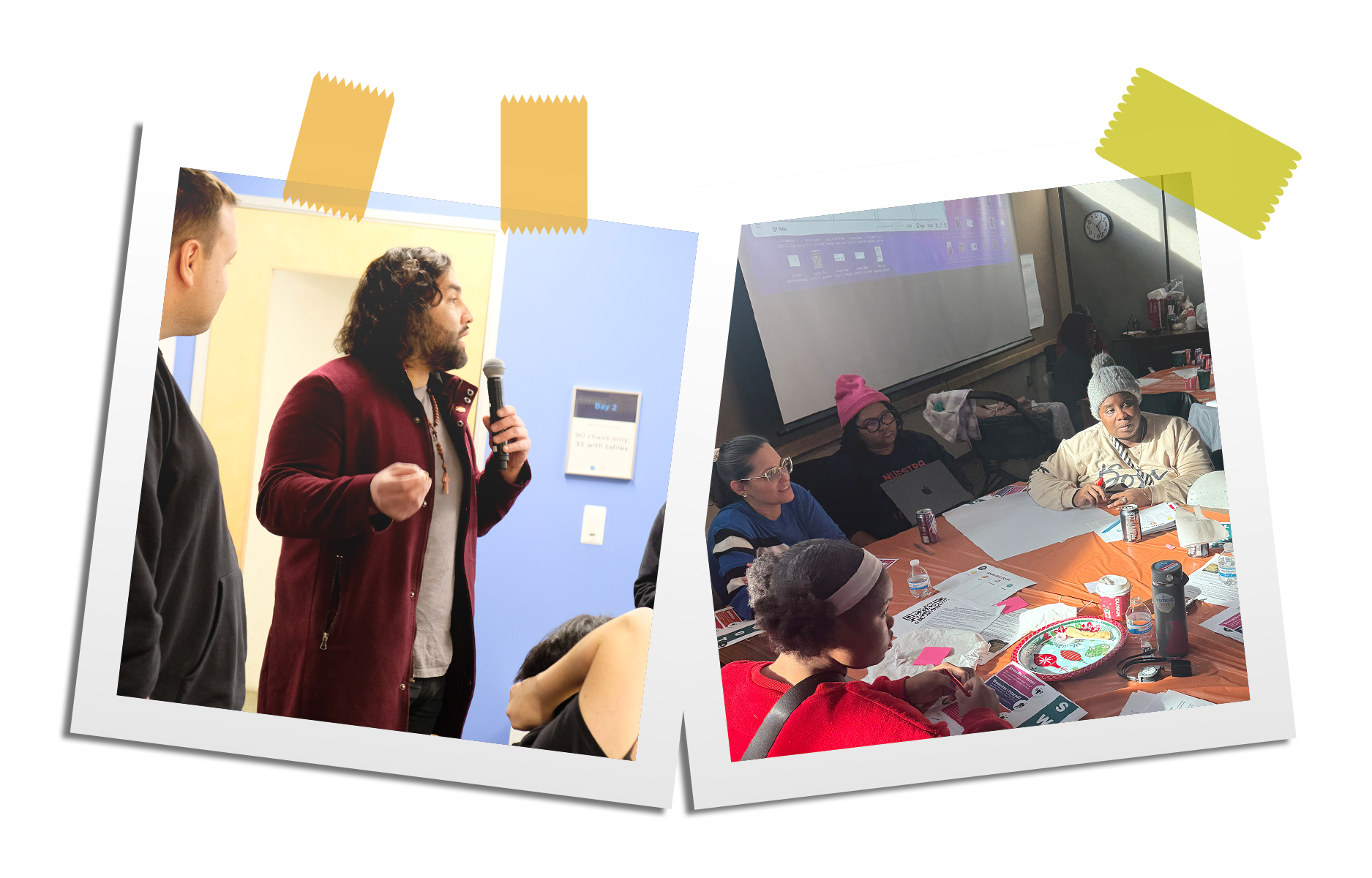 Polaroid-style photo collage of people in a meeting or workshop, with a man speaking into a microphone on the left and a diverse group of women seated at a table on the right.