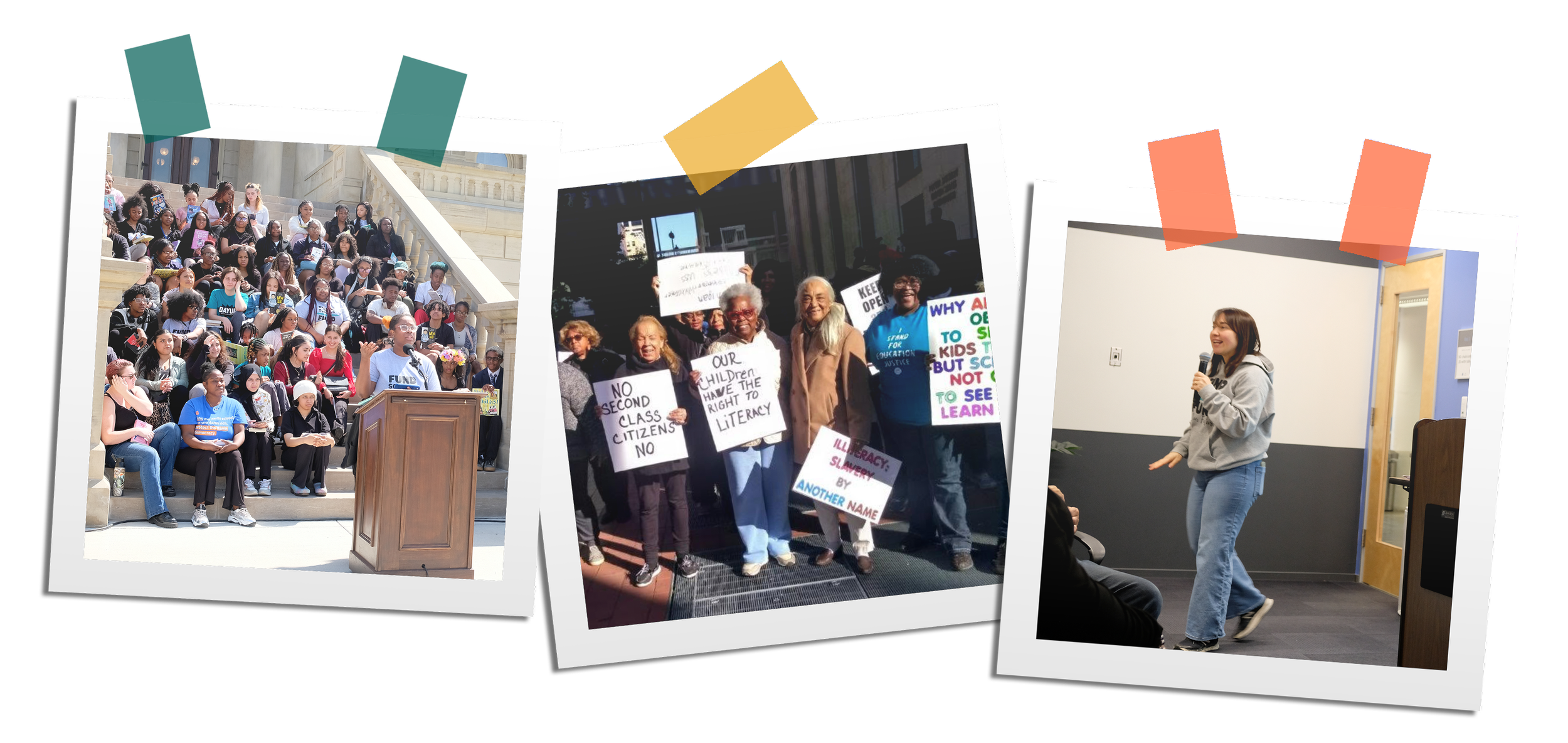A collage of three photos showing different scenes of protests and public speaking. The first photo depicts a large group of people sitting on stairs, with a person wearing a blue shirt speaking at a podium. The second photo shows a small group of diverse protesters holding signs advocating for education and literacy rights, standing outdoors. The third photo features a young woman speaking into a microphone in an indoor room, likely giving a presentation or speech.