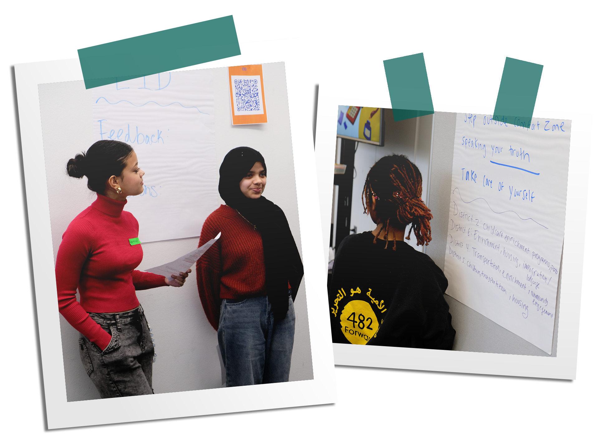 Three women in conversation during a workshop, standing near a whiteboard with handwritten notes, two facing the board and one looking at the camera, in a brightly lit room.