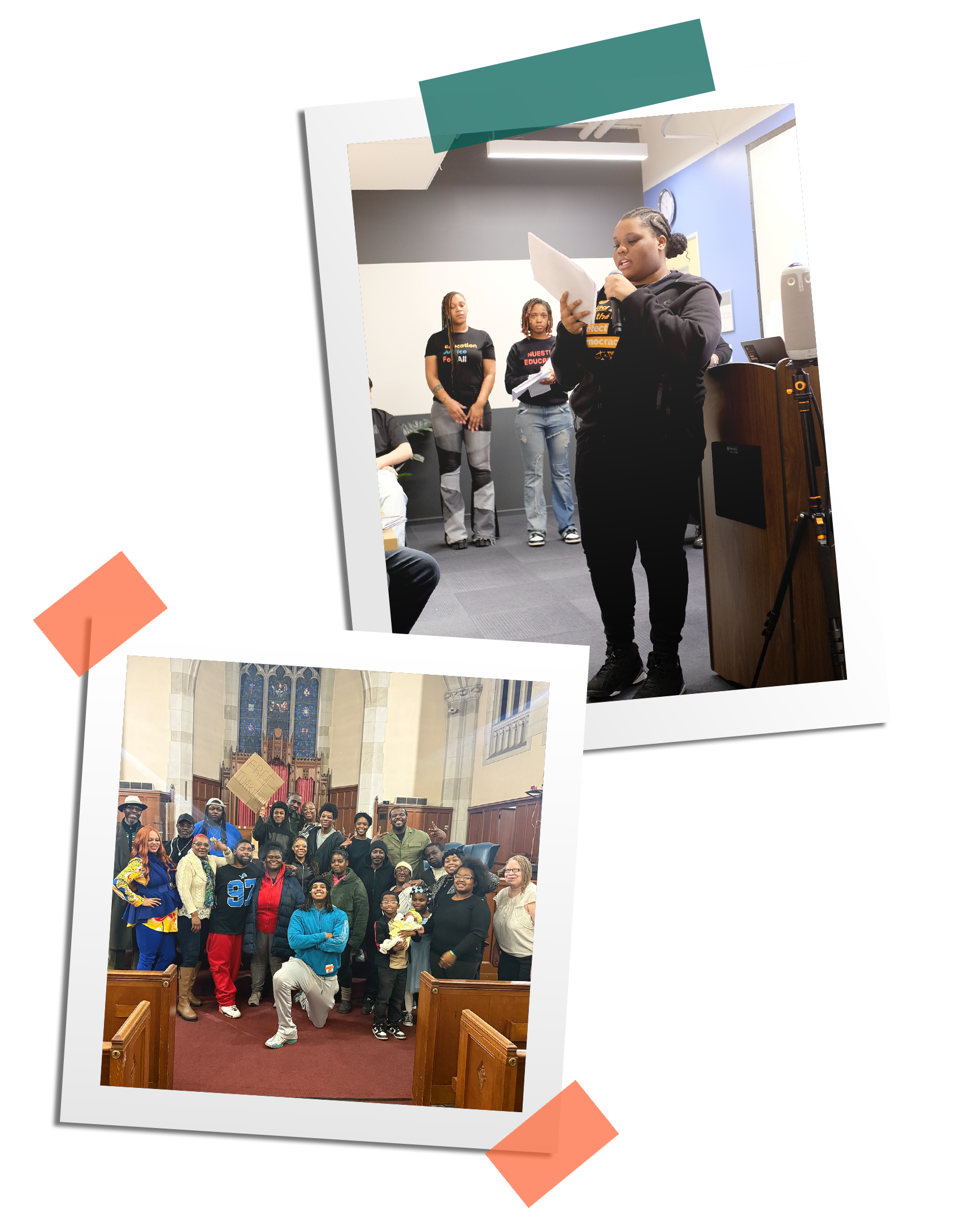 Photos of people participating in a rally, with buildings resembling a church or formal hall in the background.
