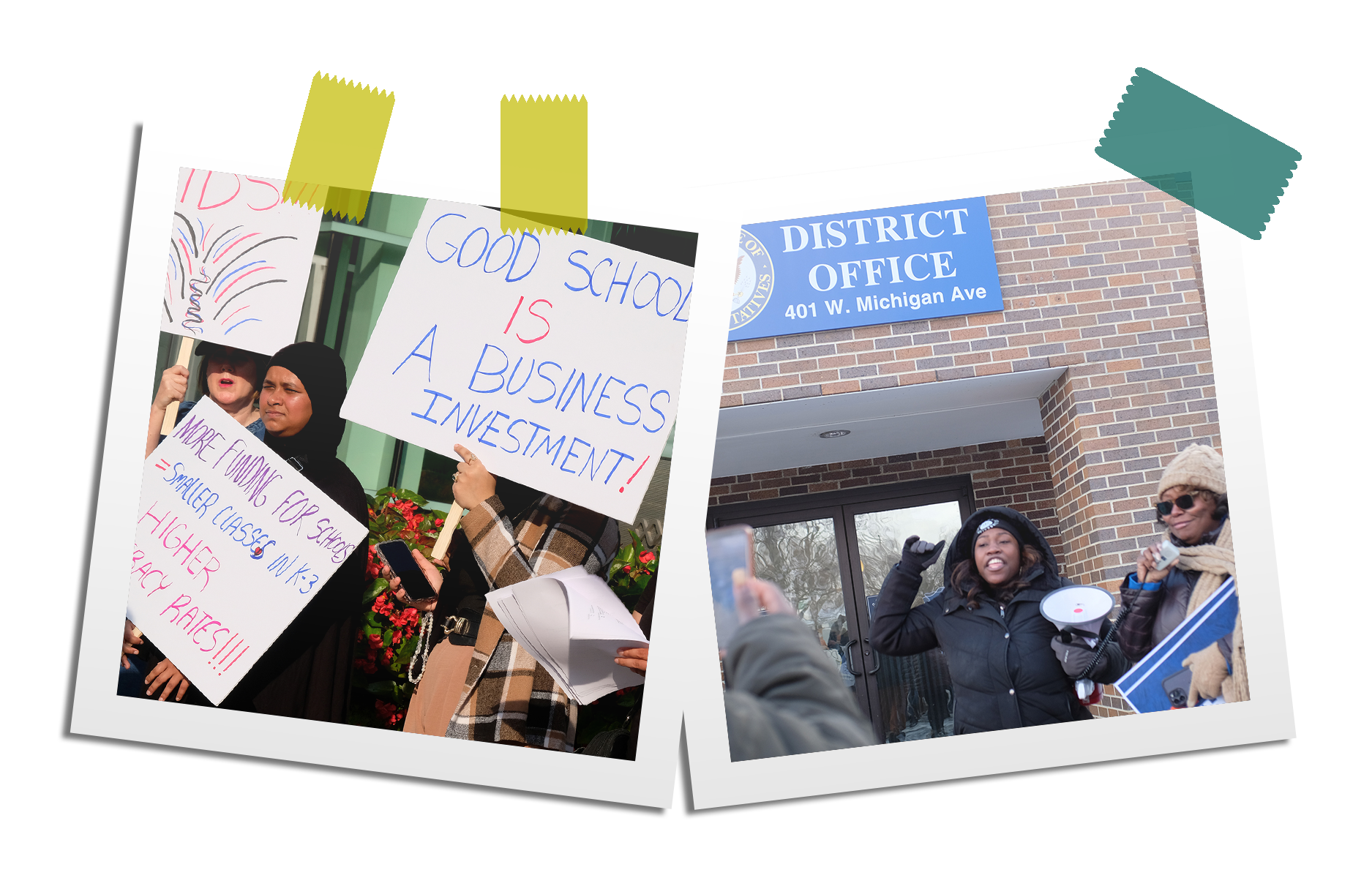 Protesters holding signs and speaking out in front of a district office.