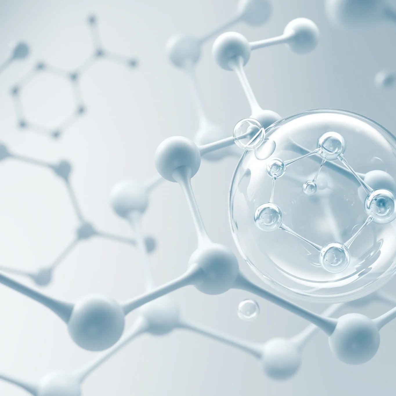 Illustration of a molecule with interconnected atoms and a transparent sphere in the foreground, representing chemical structure.