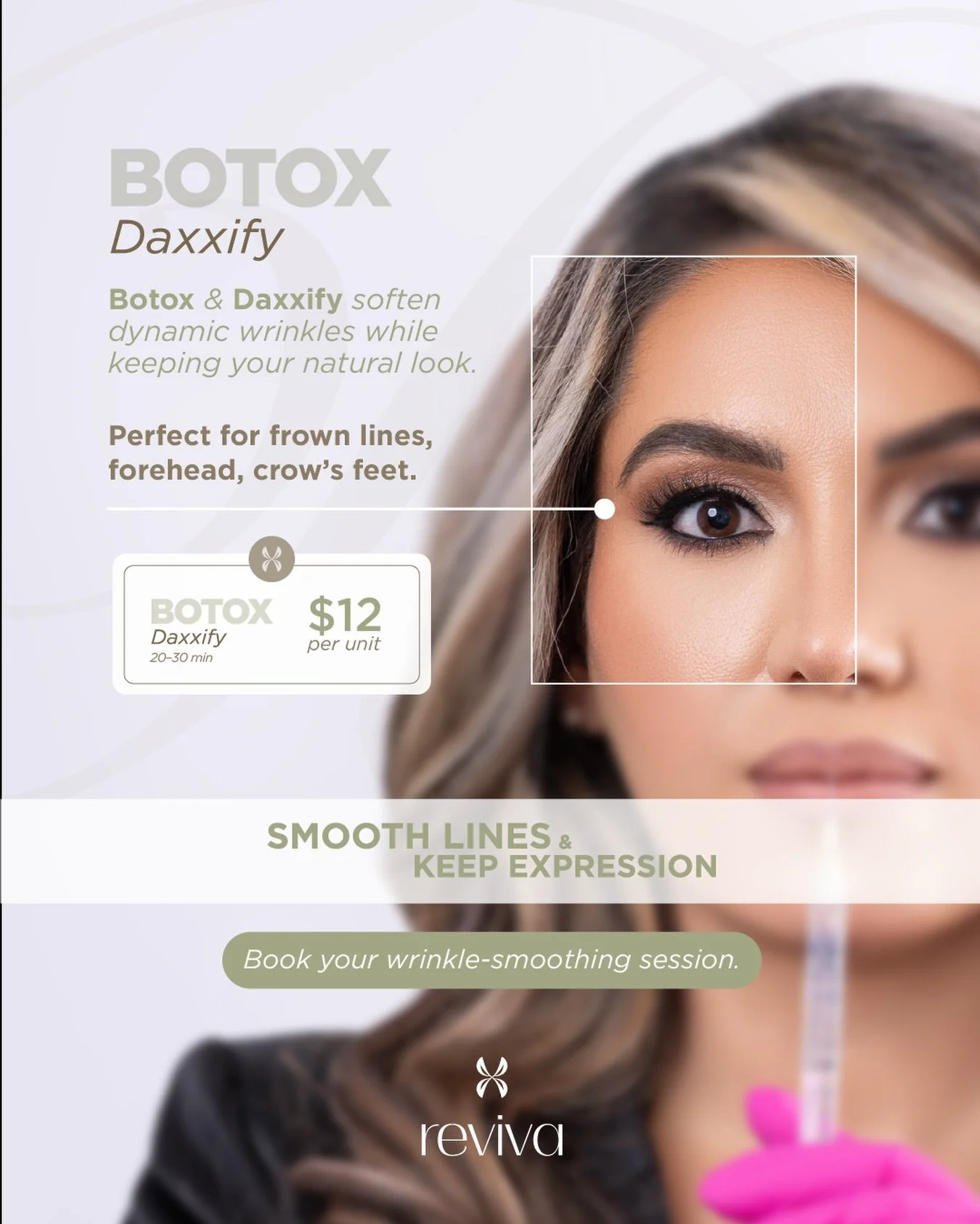 ✨ Smooth lines
✨ Natural movement
✨ Fresh, rested look

Wrinkle-relaxing treatments that soften expression lines
without freezing your face.

Perfect for:
&bull; Forehead
&bull; Frown lines
&bull; Crow&rsquo;s feet

⏱ 20&ndash;30 min
💲 $12 per unit
