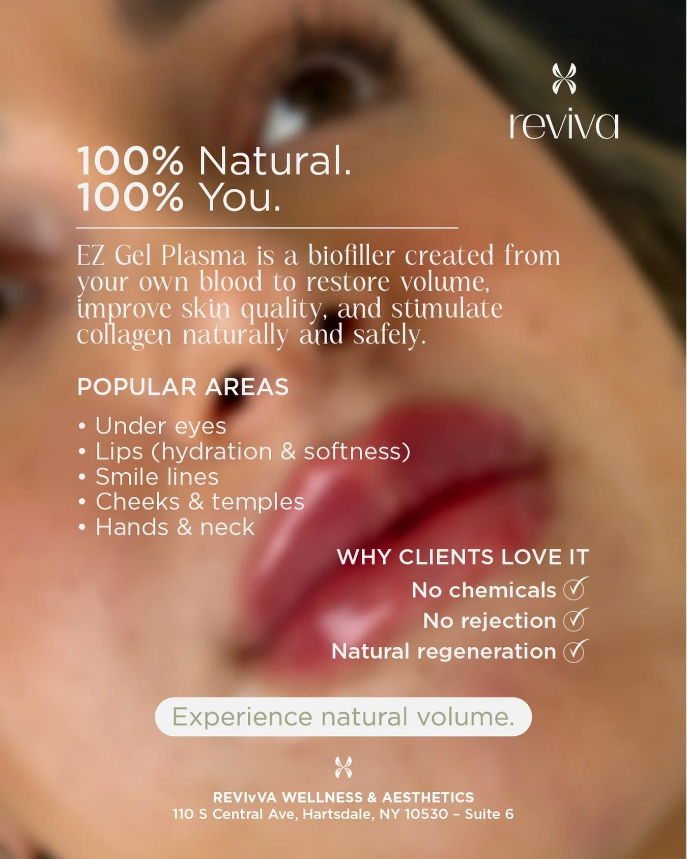 100% you. Just refreshed.

EZ Gel Plasma uses your own blood to restore volume, smooth fine lines, and boost collagen &mdash; naturally.

No chemicals.
No rejection.
Just soft, natural results 🤍

Ready to experience natural volume?

📍 Reviva Wellne