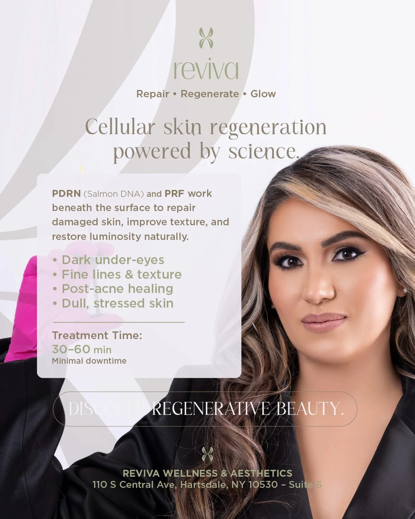 REVIVA isn&rsquo;t a facial&hellip; it&rsquo;s a cellular reset. ✨
Repair &bull; Regenerate &bull; Glow &mdash; powered by science.

Meet your new obsession: PDRN (Salmon DNA) + PRF working beneath the surface to:
✔️ brighten dark under-eyes
✔️ smoot