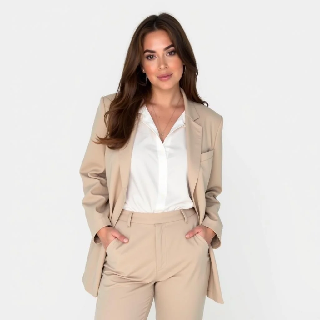 A woman with brown hair styled in loose waves wearing a beige pantsuit with a matching blazer and trousers, and a white button-up shirt, standing against a plain white background.