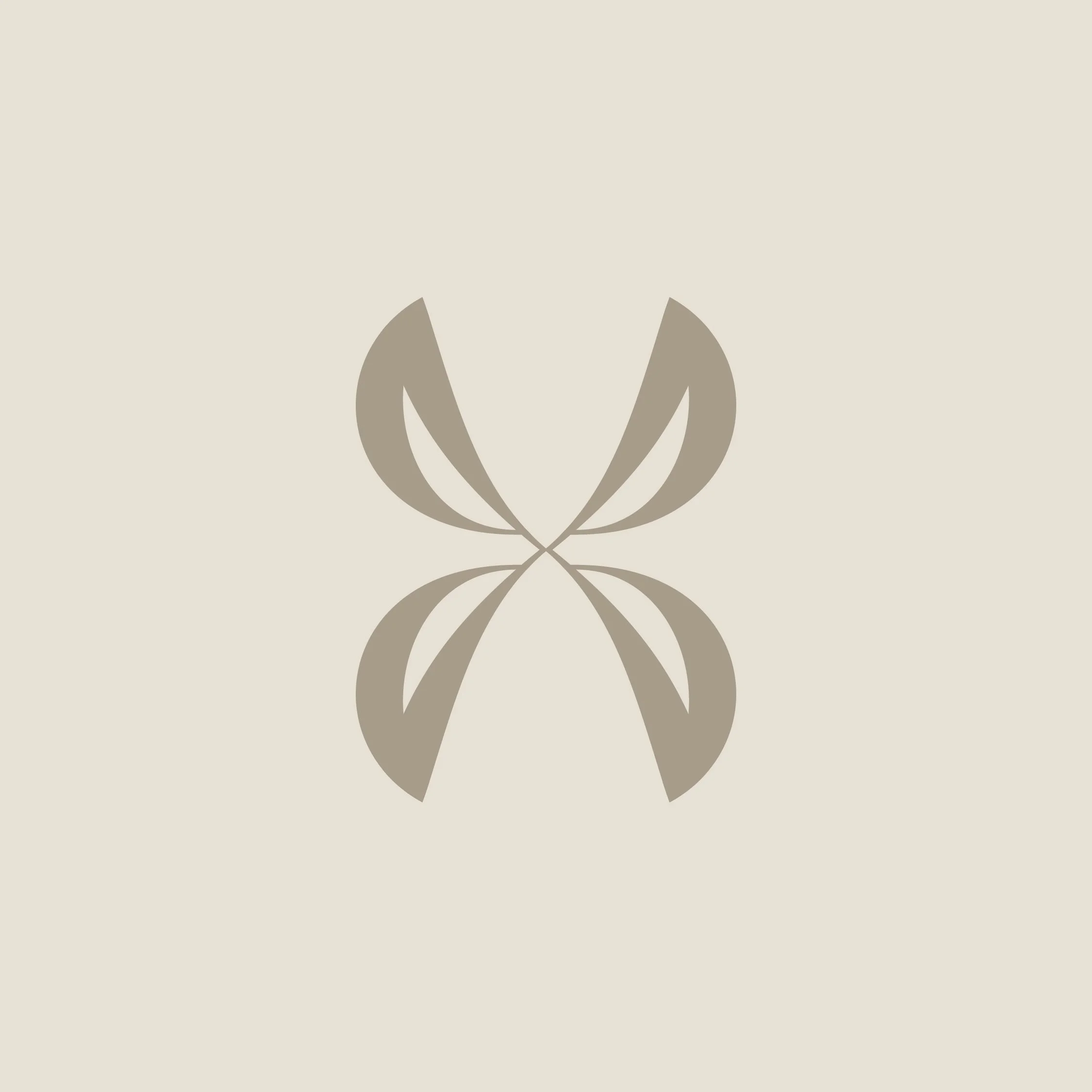 A minimalist butterfly design with symmetrical beige and taupe curved shapes on a light beige background.