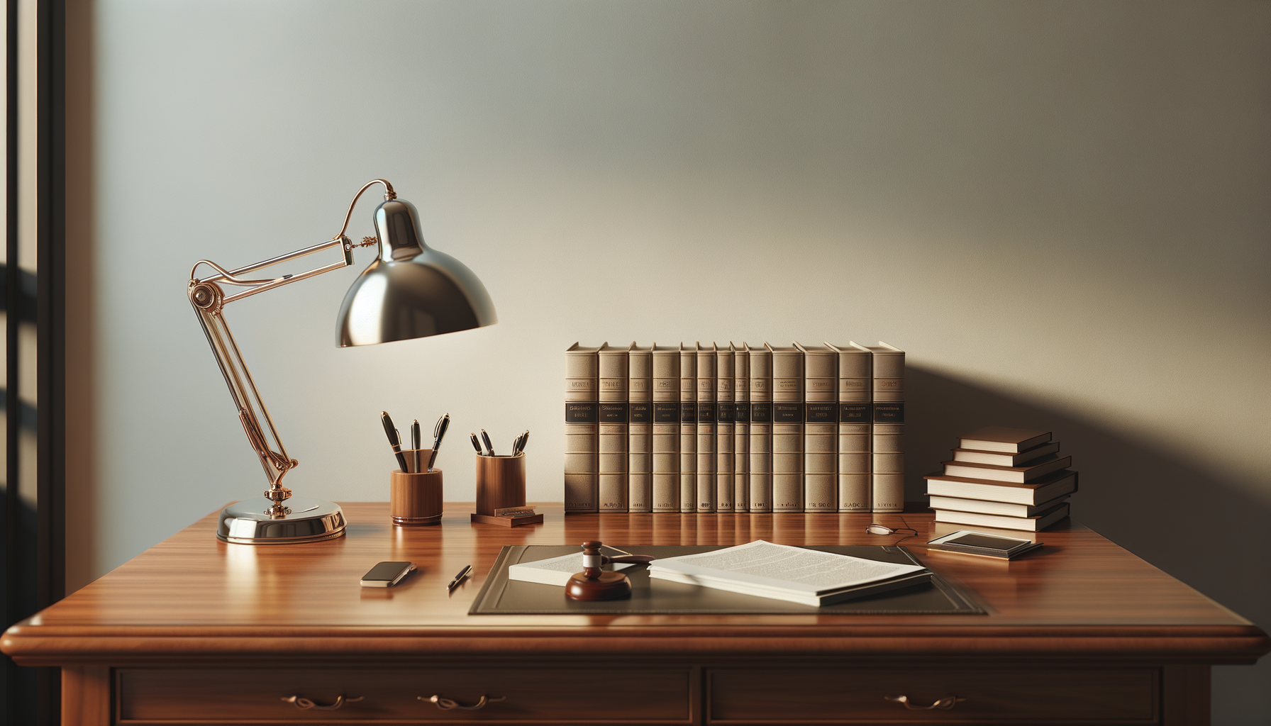 Desk with a silver adjustable desk lamp, two small containers holding pens and pencils, a series of law books, a stack of closed books, an open journal with a gavel and papers, and a smartphone. The setup suggests a professional or academic workspace.