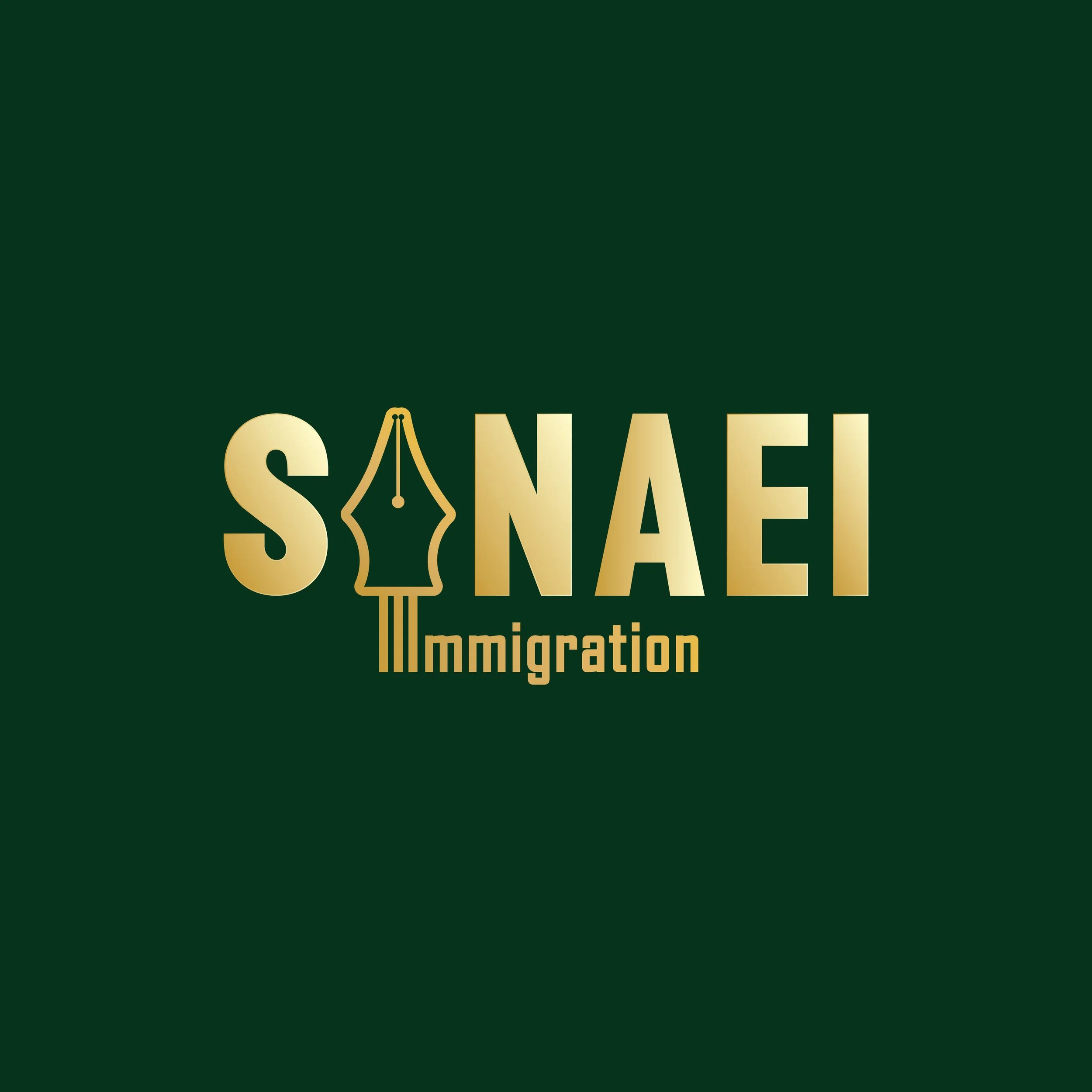Graphic design with the text 'SNAI Immigration' in gold, featuring a fountain pen nib icon.