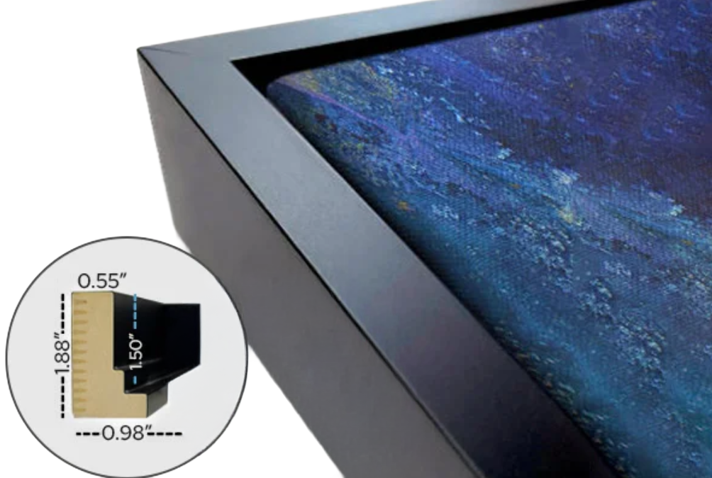 Close-up of a computer monitor corner displaying a textured blue artwork with a black frame. An inset shows a measurement diagram indicating the monitor's thickness as 0.55 inches, height as 1.88 inches, and width as 0.98 inches.