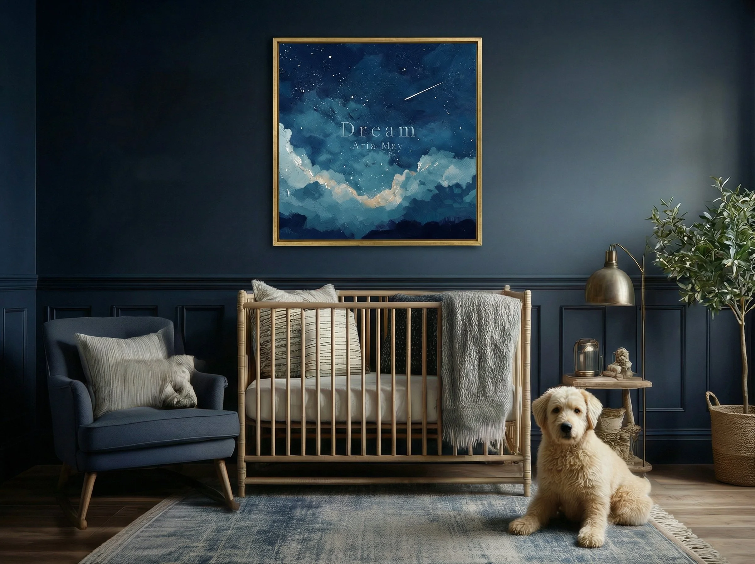 A nursery with a dark blue wall, a painting of a night sky with clouds and stars, a wooden crib with pillows and a blanket, an armchair with a pillow, a side table with a lamp, a potted plant, and a golden retriever puppy sitting on the floor.