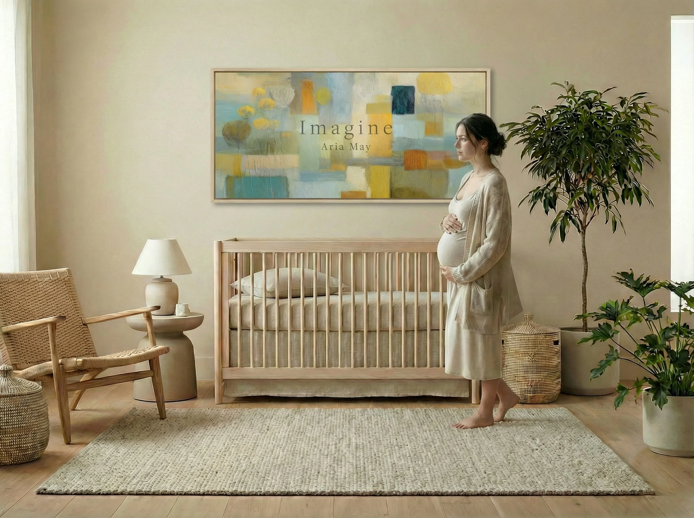 A pregnant woman standing in a bedroom, wearing a white dress and beige cardigan, with hands on her belly. The room has neutral tones, a wooden cradle, a lamp on a side table, a wicker chair, and large potted plants. There is an abstract painting on 