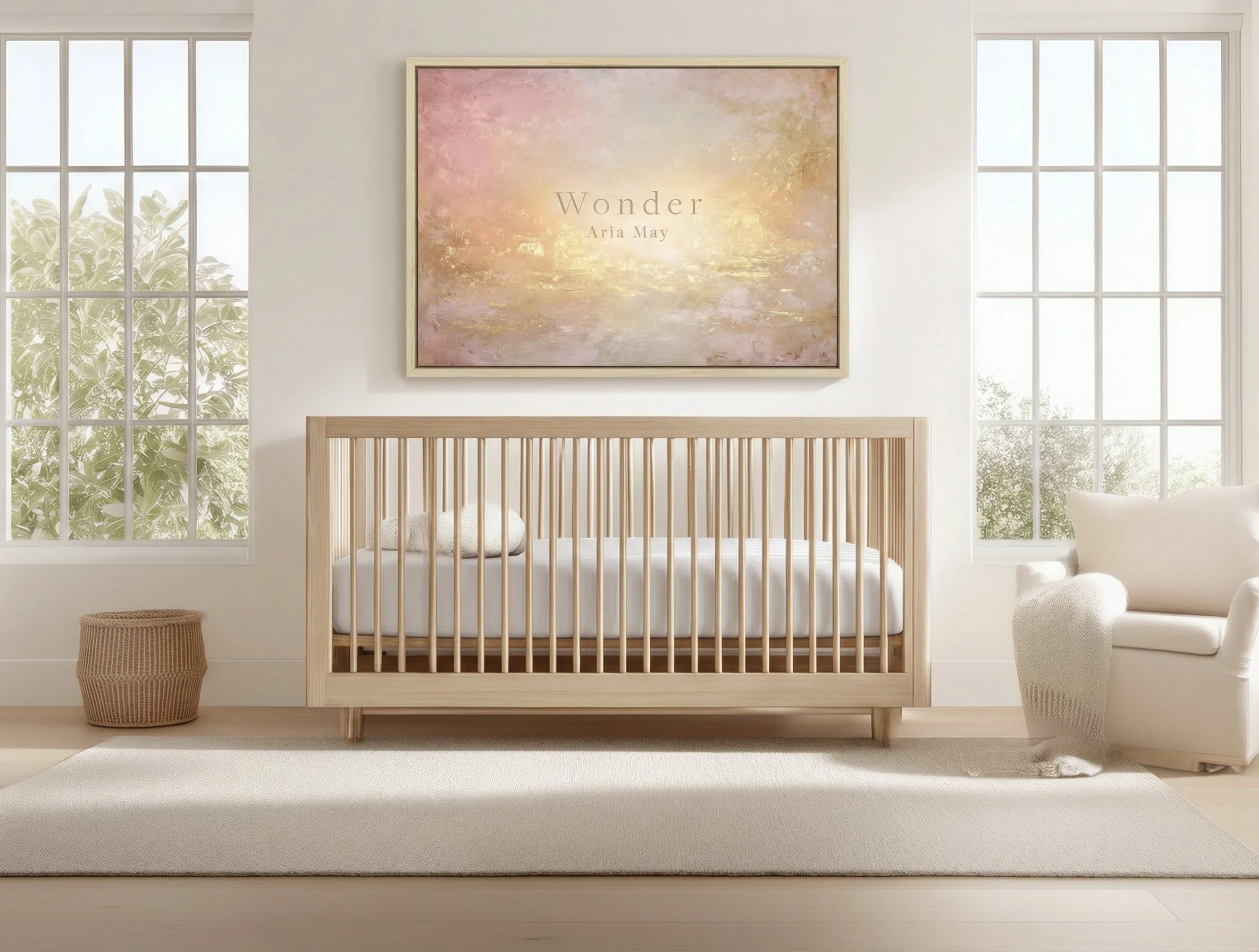 Bright nursery with large windows, wooden crib, framed abstract art with the word 'Wonder' and the name Aria May, white armchair with blanket, woven basket, and neutral-toned decor.