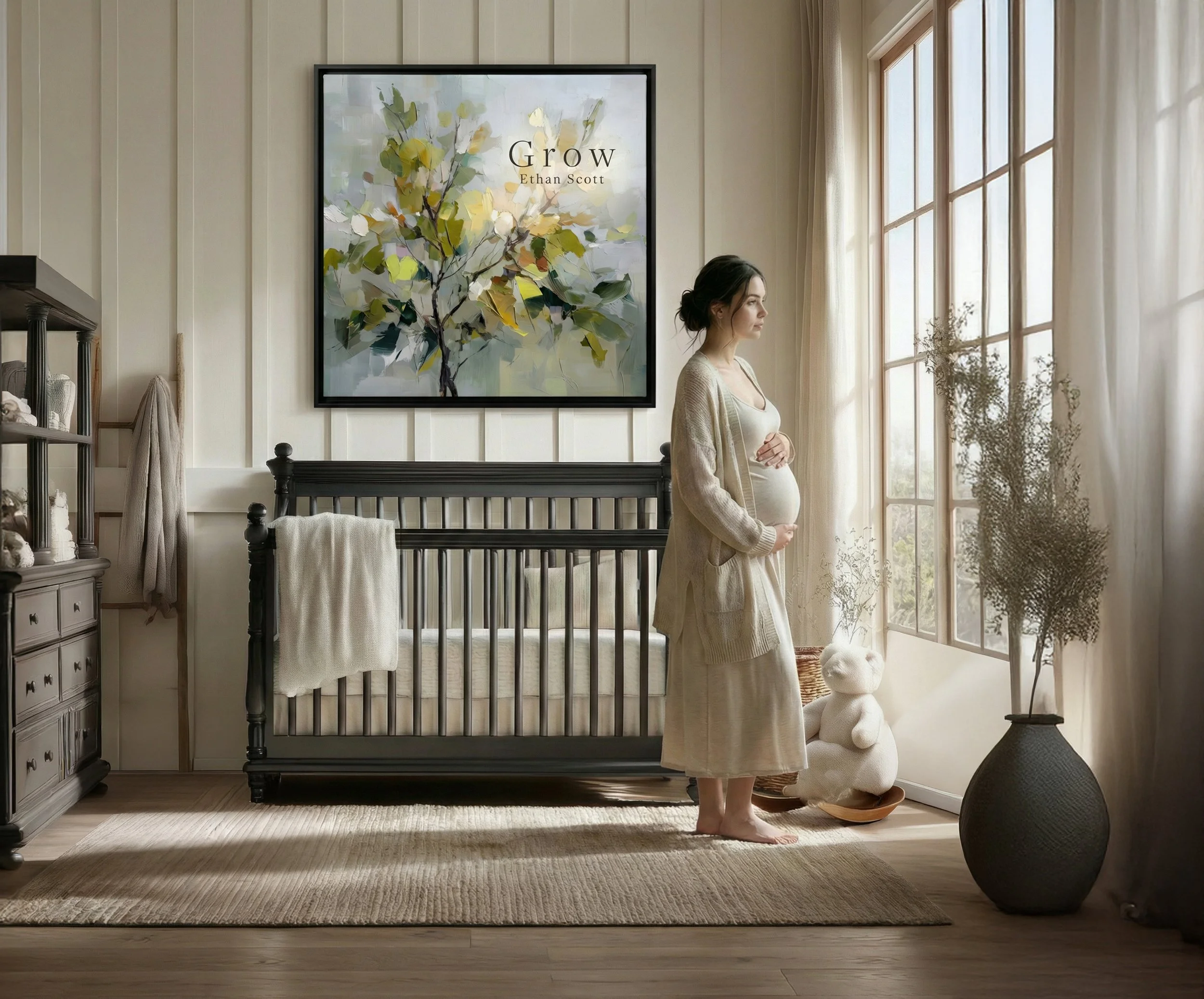 A pregnant woman standing in a nursery, looking out the window with sunlight illuminating the room. The room has a black crib, a teddy bear on the floor near a large potted plant, and a framed artwork on the wall with the words 'Grow' and 'Ethan Scot