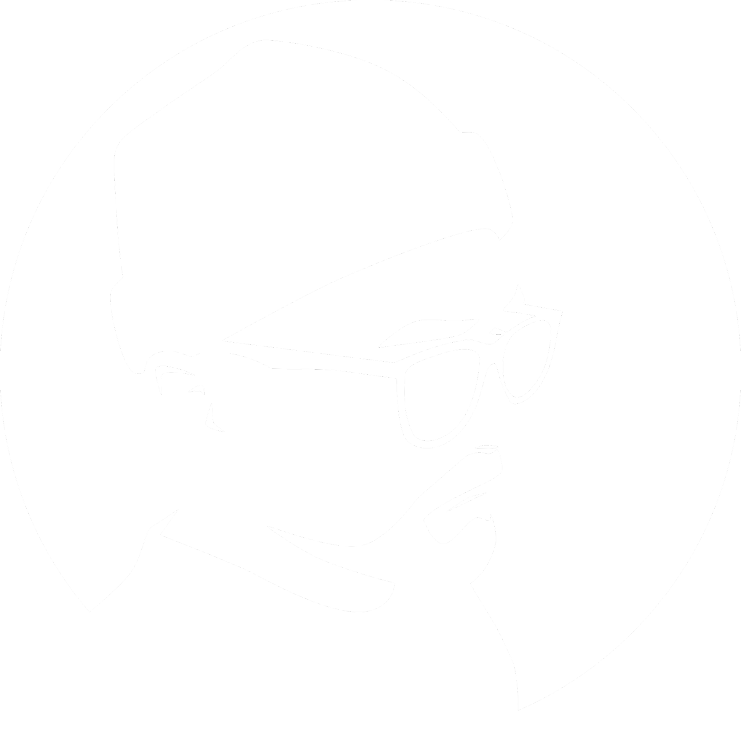 Silhouette of a person wearing glasses and a beanie, with a beard, inside a circular frame.