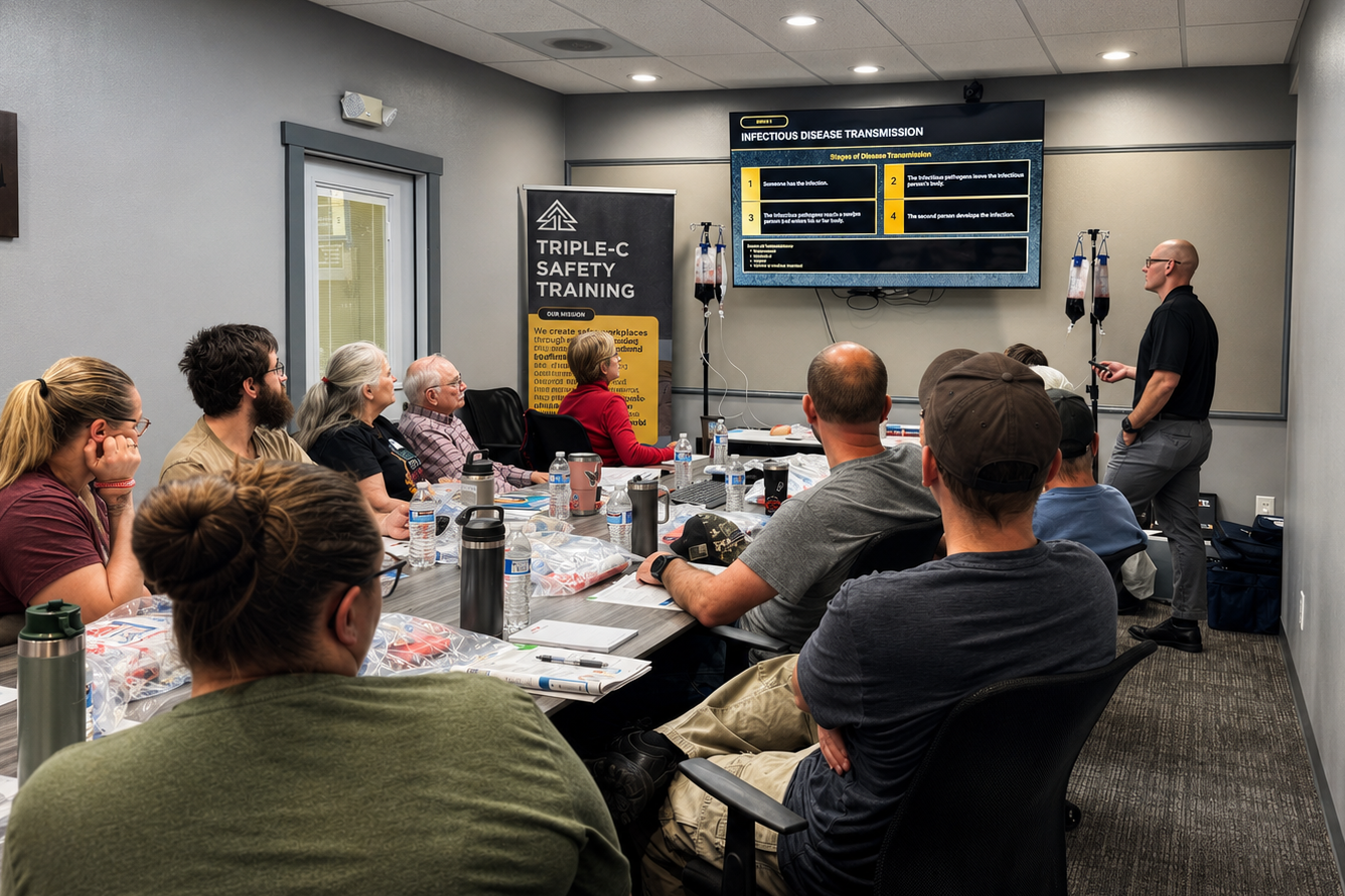 Triple-C Safety Training instructor teaching a first aid and infectious disease prevention course to adult learners in a classroom setting.