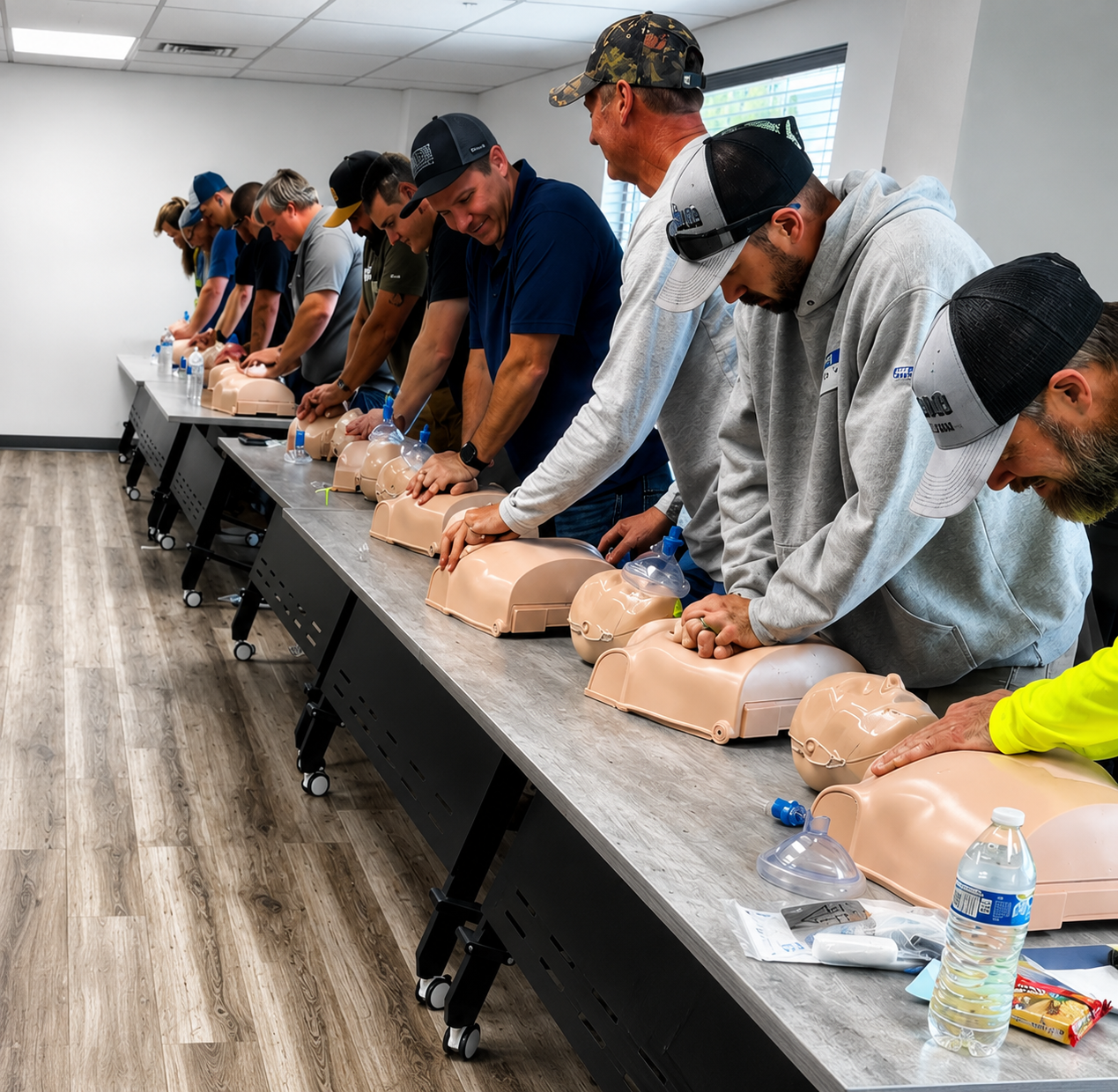 Students practicing hands-on CPR compressions on training manikins during a Triple-C Safety Training certification course.