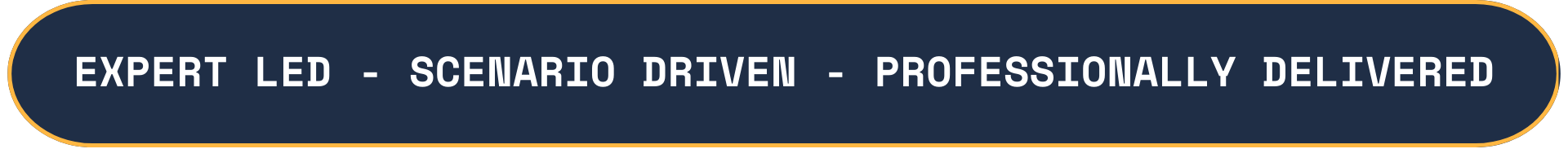 Close-up of a blue sign with orange border displaying white text that reads "Expert LED - Scenario Driven - Professionally Delivered."