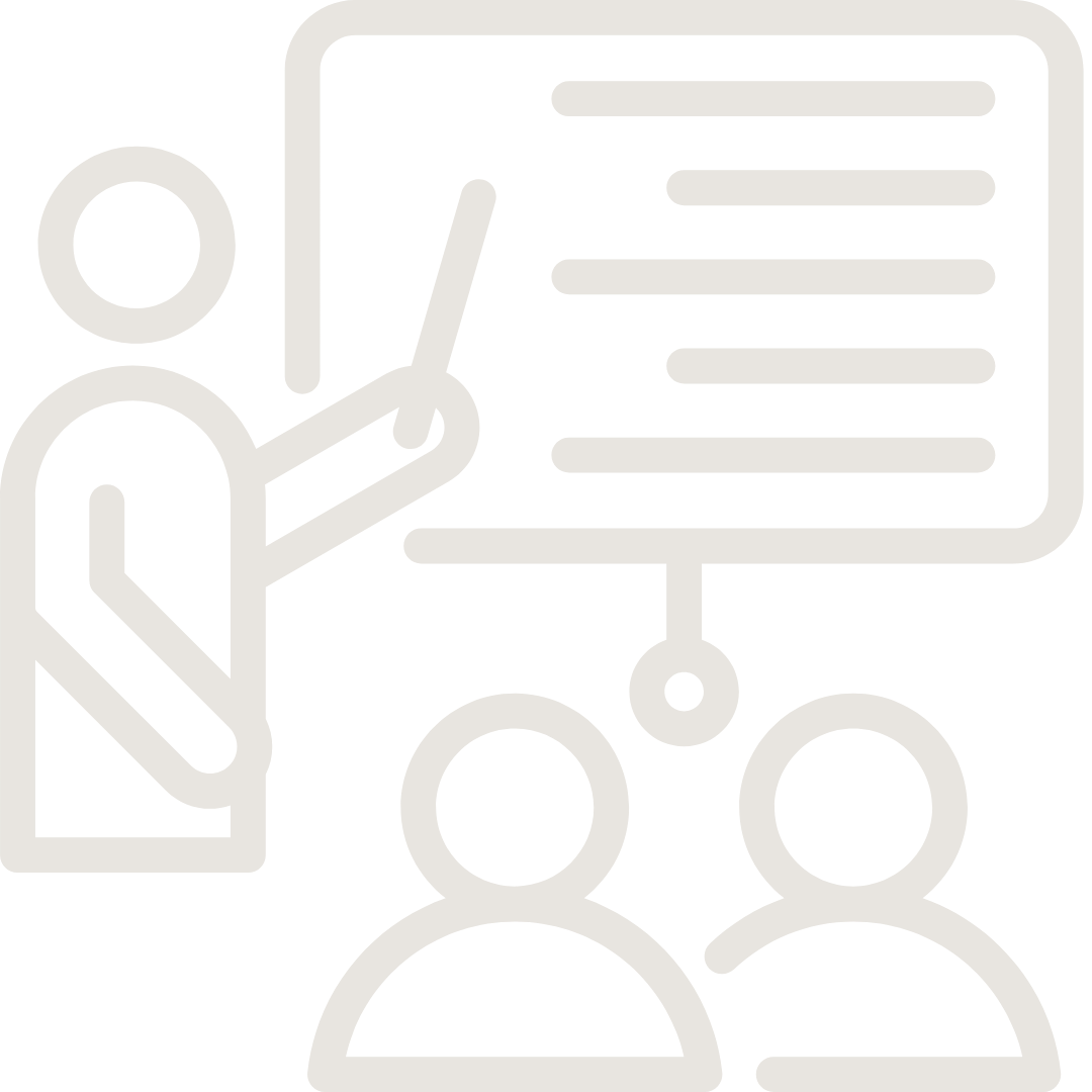 Icon of two people giving a presentation using a pointer to a board or screen with lines of text, representing a classroom or business presentation.