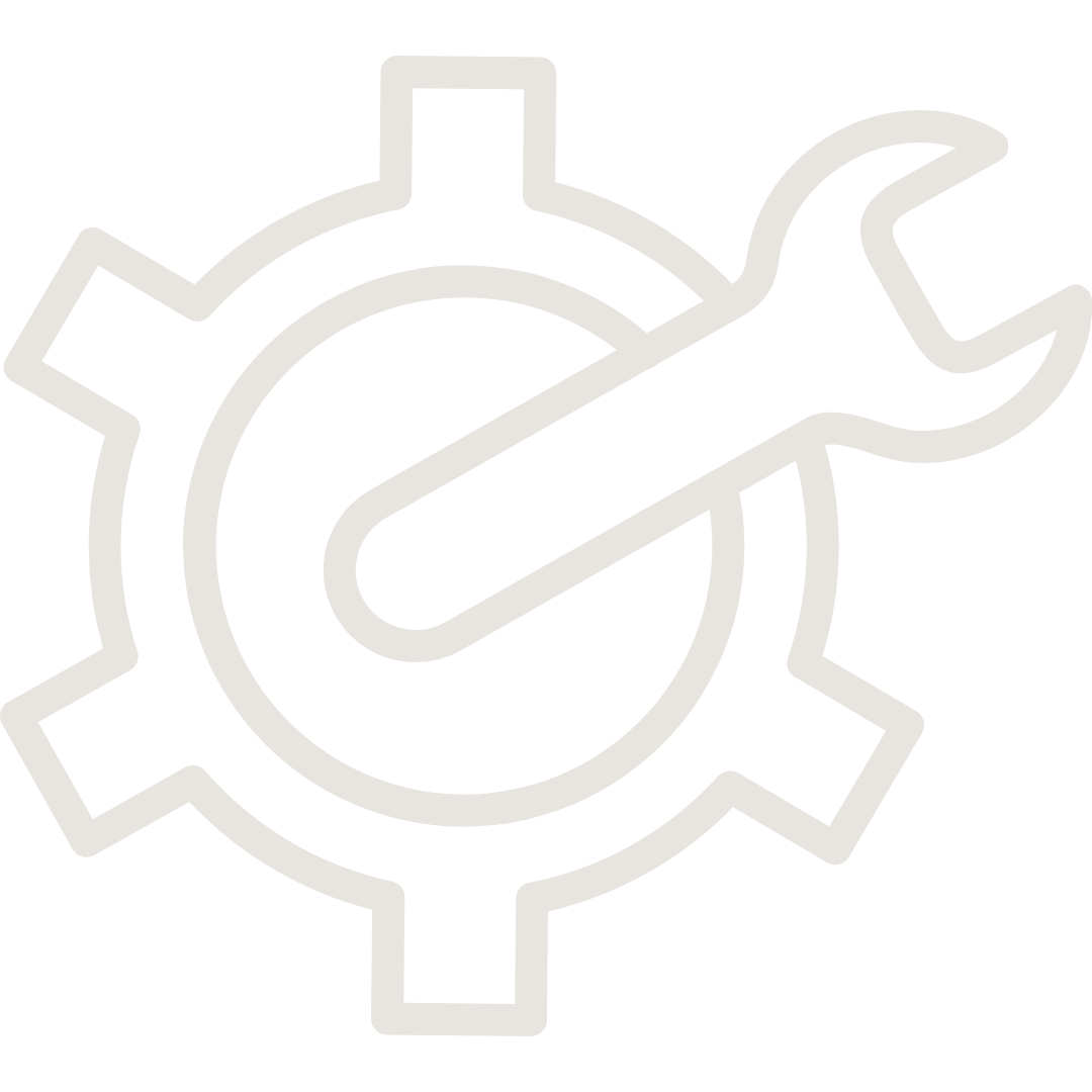 Gear icon with a wrench crossing through the middle, representing tools or maintenance.