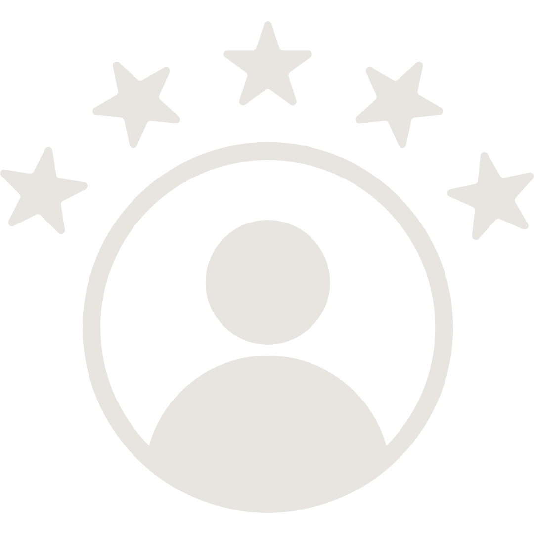 Icon of a person avatar surrounded by six stars in a circular pattern.