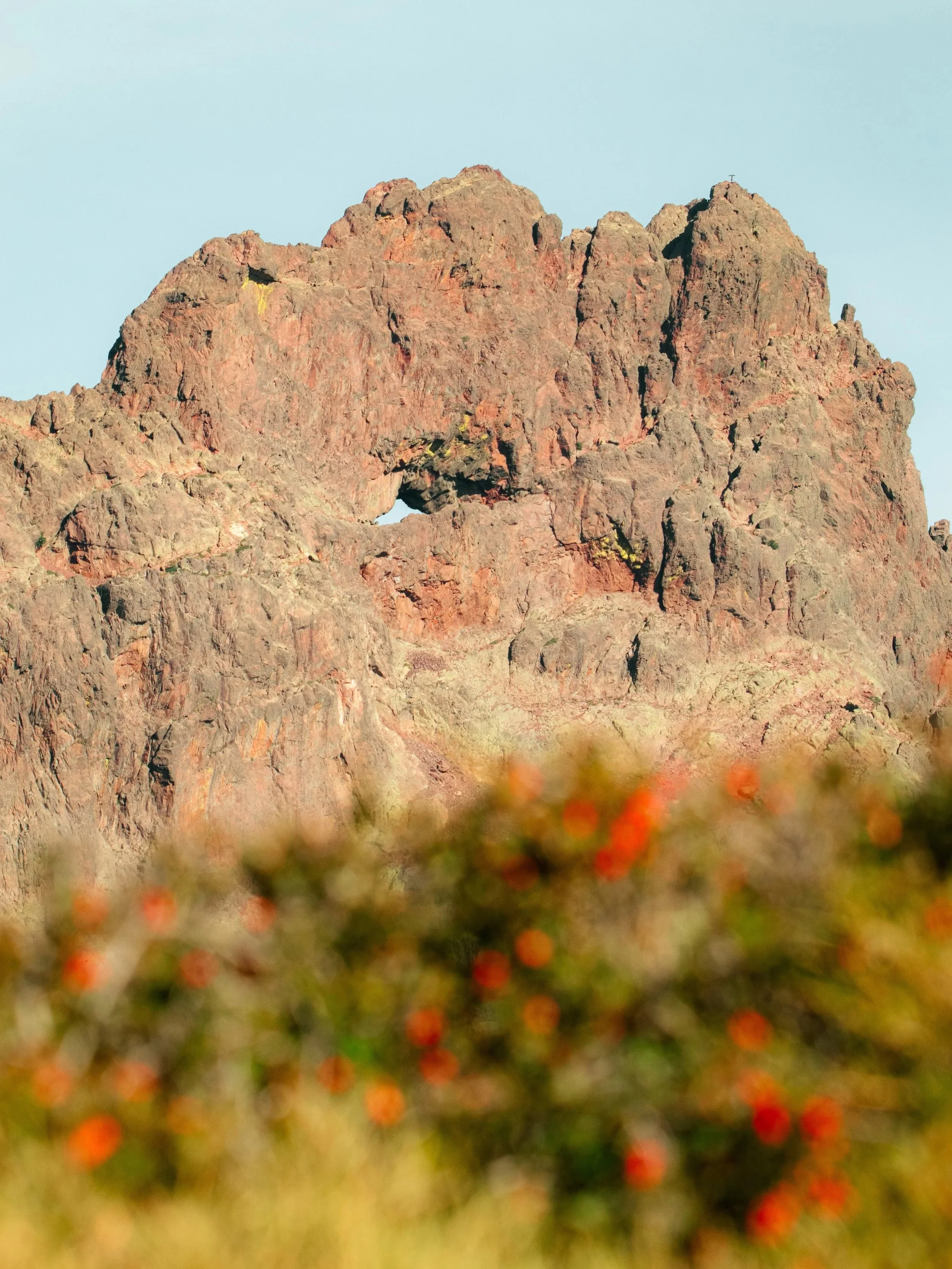 Une montagne rocheuse avec une petite ouverture en forme de cercle, le tout en arrière-plan d'un ciel clair. Au premier plan, il y a des buissons flous avec des petites fleurs rouges.