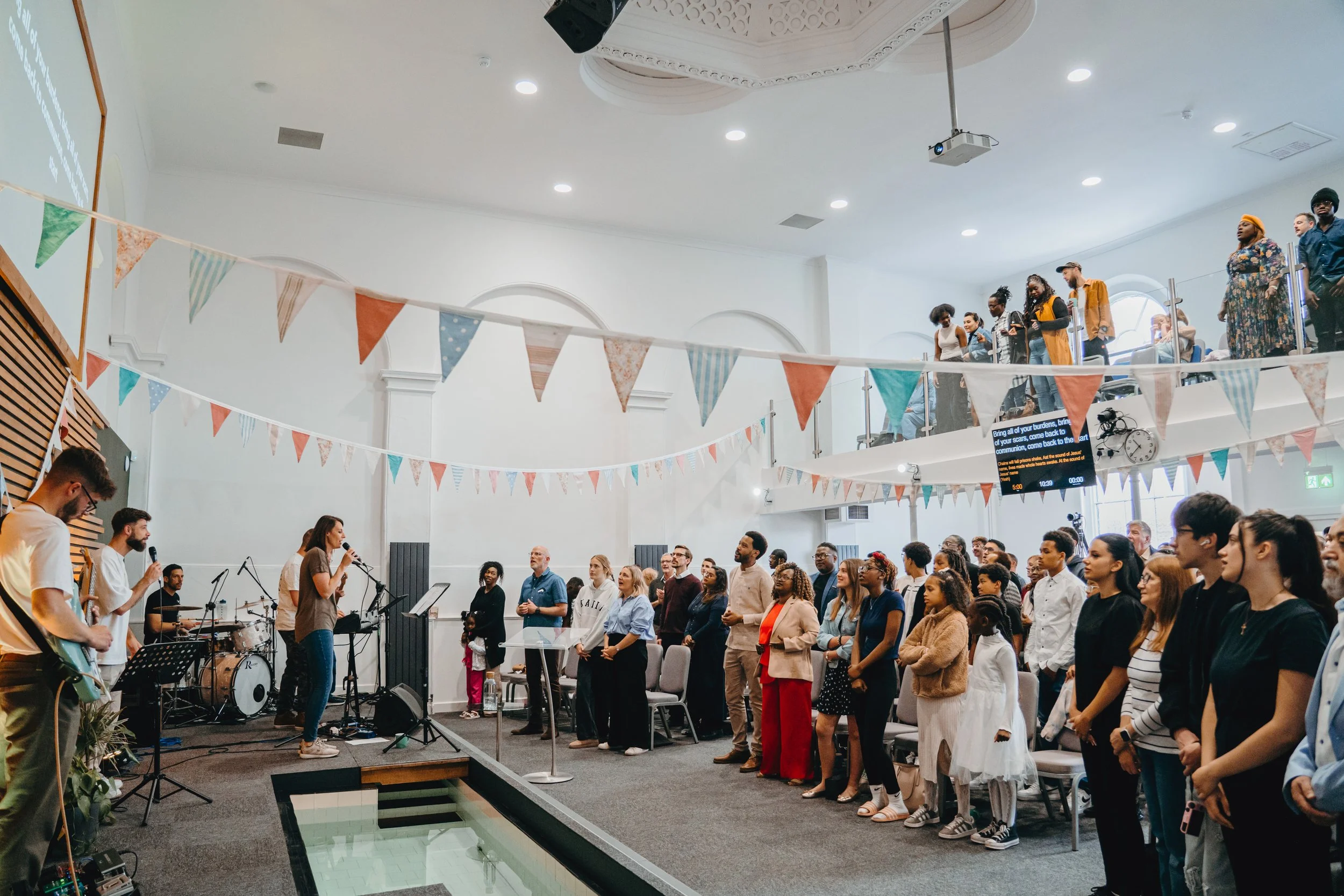 Church congregation in worship on baptism Sunday