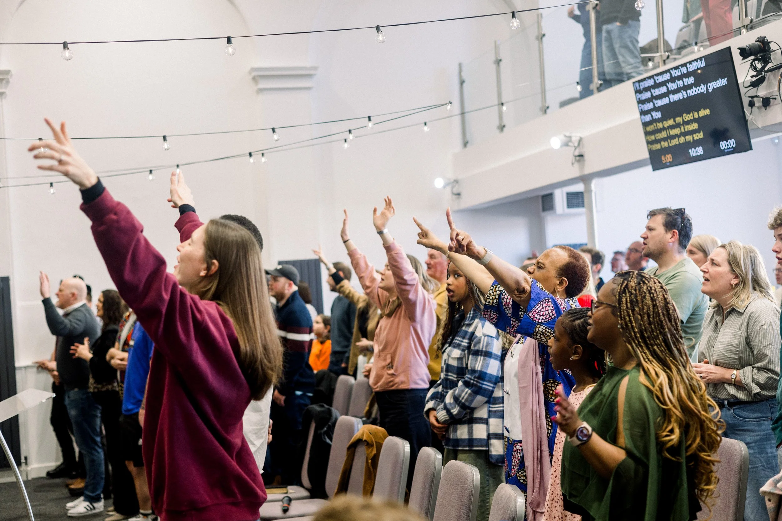 Church congregation with arms raised in worship