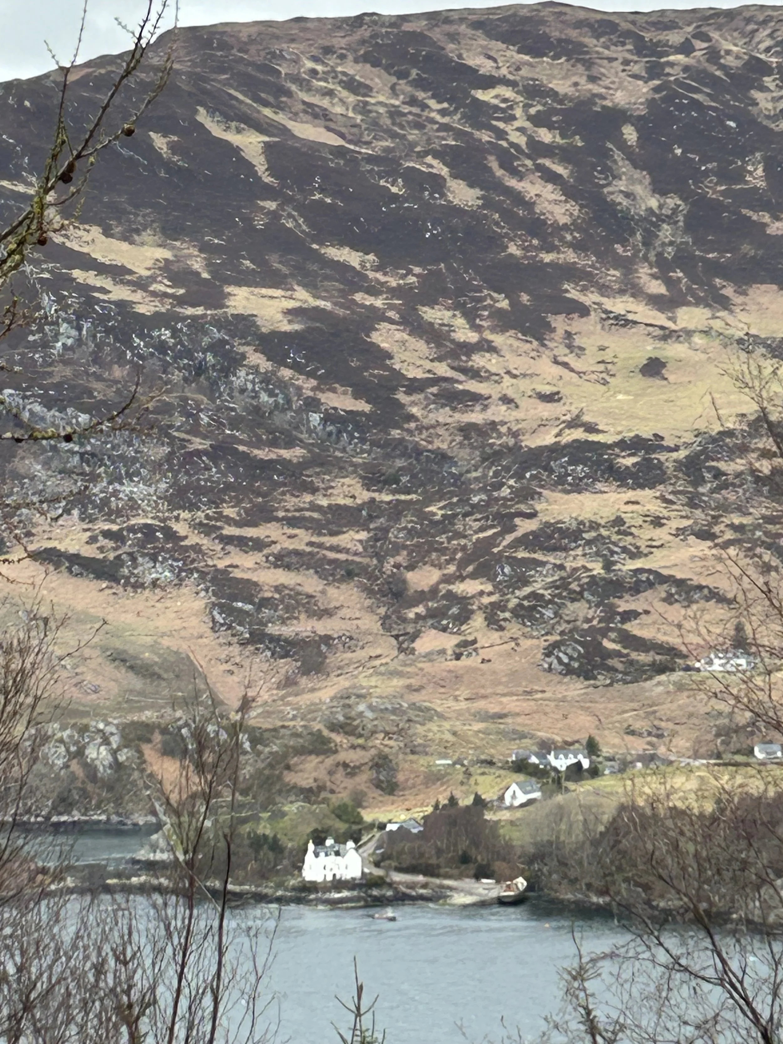 A landscape view of a river with white buildings and hills in the background.