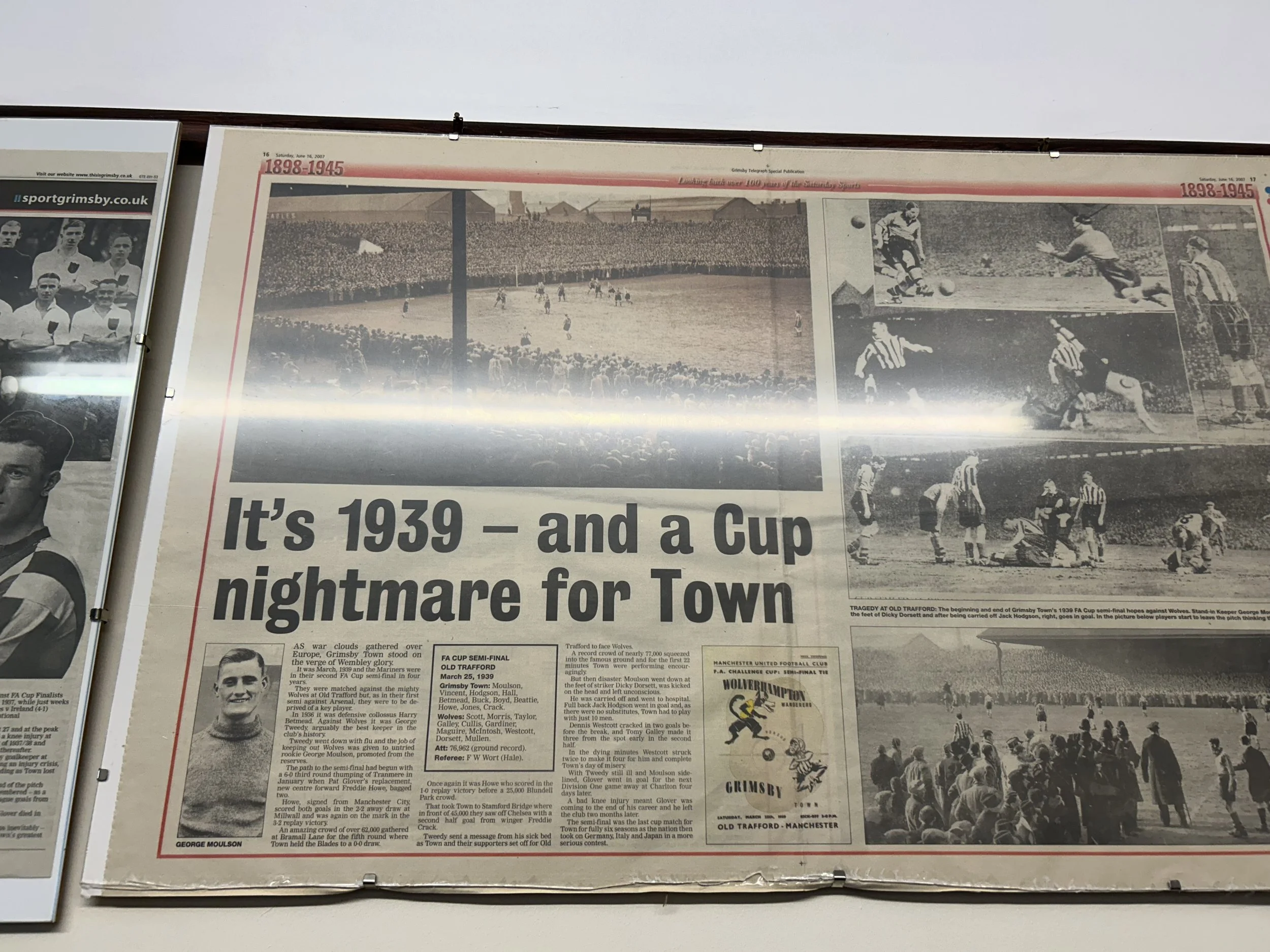 Historical newspaper article titled "It's 1939 — and a Cup nightmare for Town" about a football match between Old Trafford and Manchester United, with black-and-white photos of a crowd, a football game, and a player.