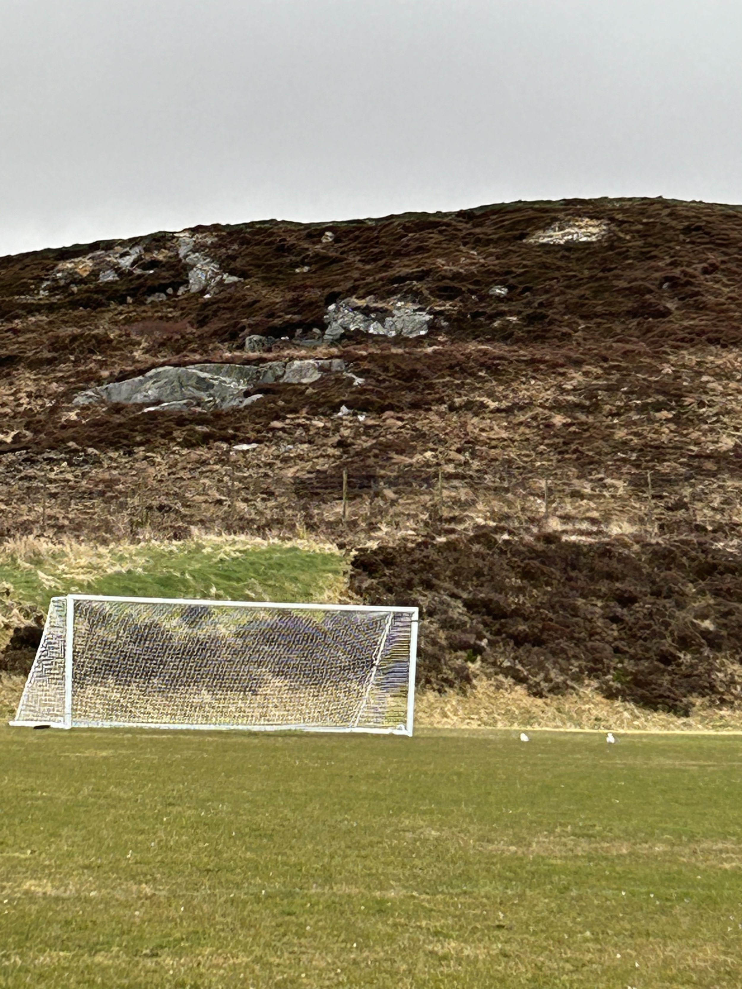 Soccer goal on a grassy field with rocky hillside in the background.