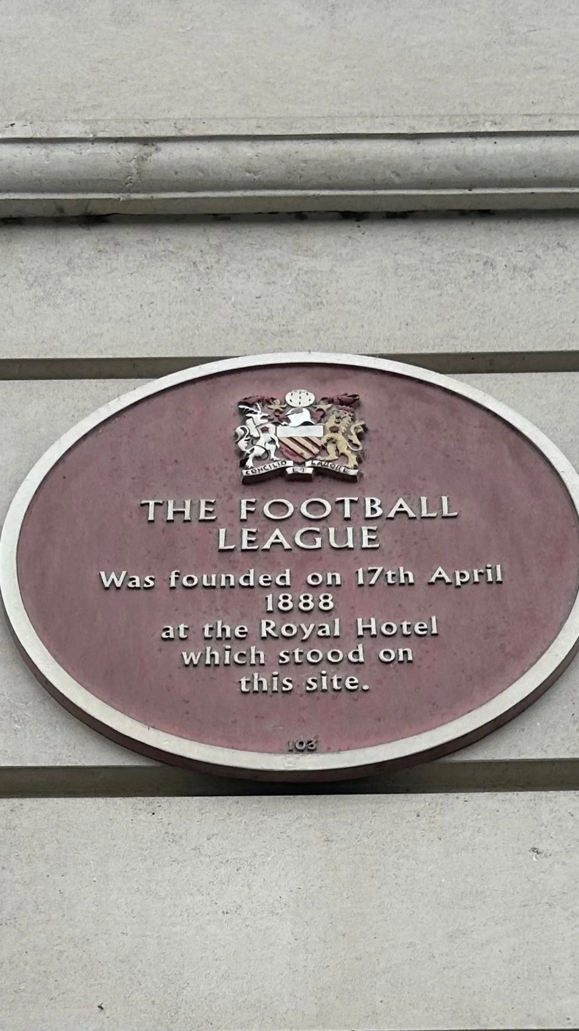 Plaque about the founding of The Football League on April 17, 1888, at the Royal Hotel.